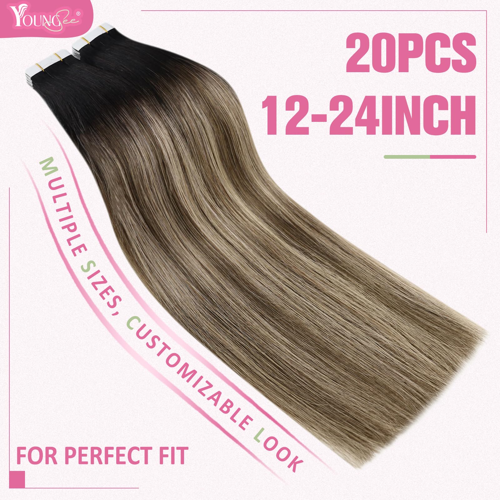 YoungSee Human Hair Tape in Extensions Black Balayage Seamless Tape in Hair Extensions Human Hair Black Ombre Brown with Caramel