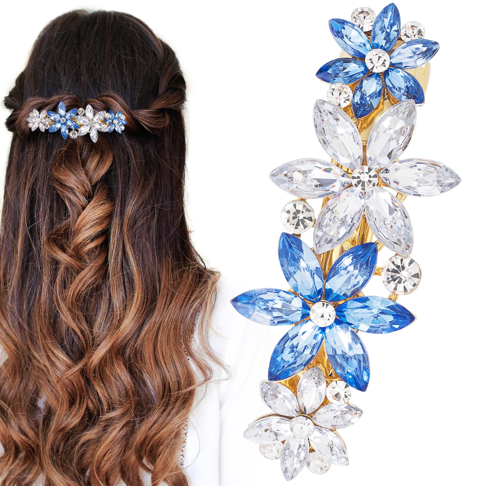 HINZIC Crystal Rhinestone Hair Clip Blue Clear Flower Wedding Barrettes Prom Engagement Dressy Decorative Fancy Accessories for 