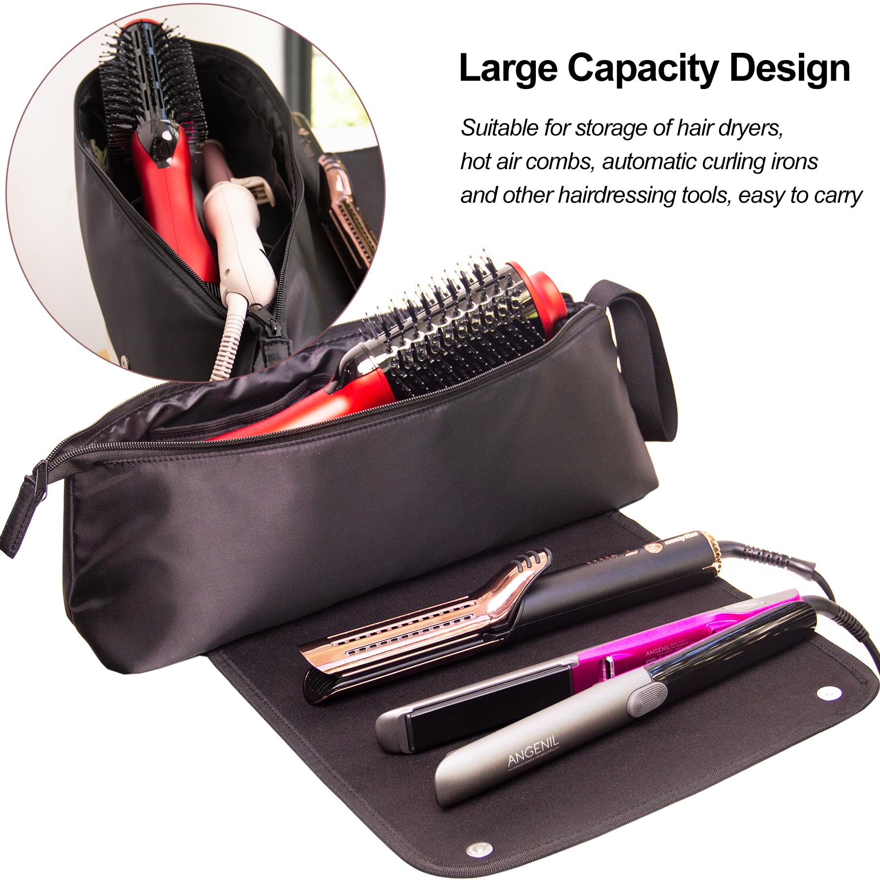 ANGENIL Large Capacity Hair Tools Travel Bag Heat Resistant Mat for Flat Irons, Curling Iron, Hot Air Brushes, Hair Dryer and Ca