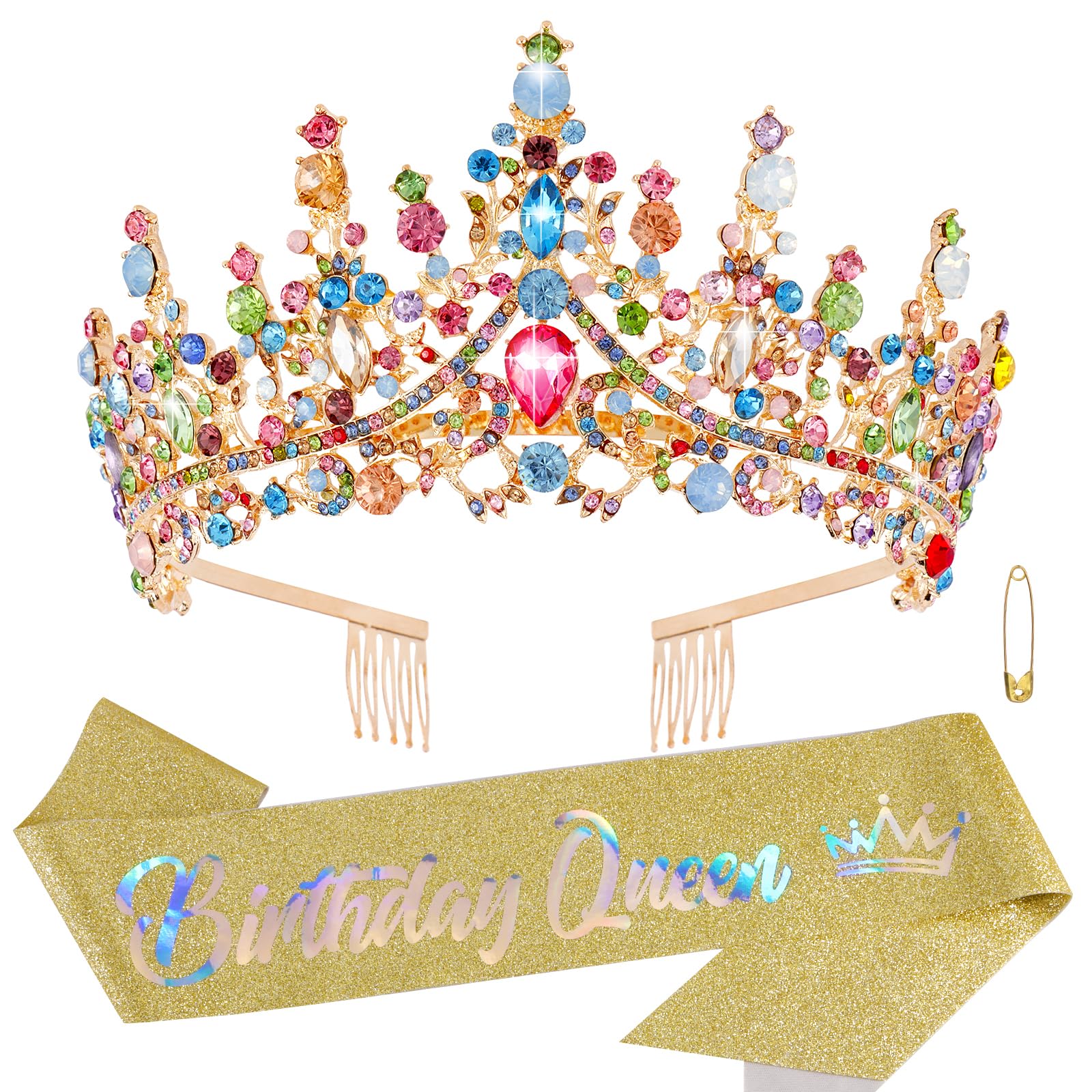 ATODEN Birthday Queen Tiara Crown Sash Tiaras and Crowns for Women Girls Crystal Princess Tiara Rhinestone Headbands Quinceanera