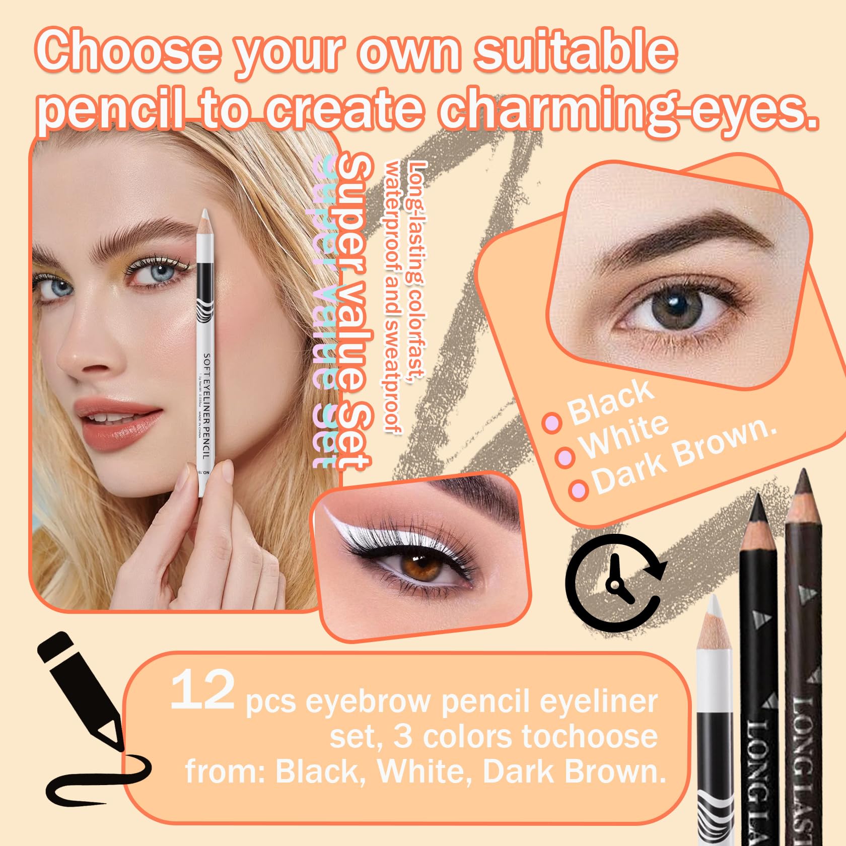 LJYBoBin 12PCS Eyeliner Pencil,Black White Dark Brown Waterproof Eyeliner Pencil Pen Set,Smudge-proof Long Lasting Matte Eye Lin