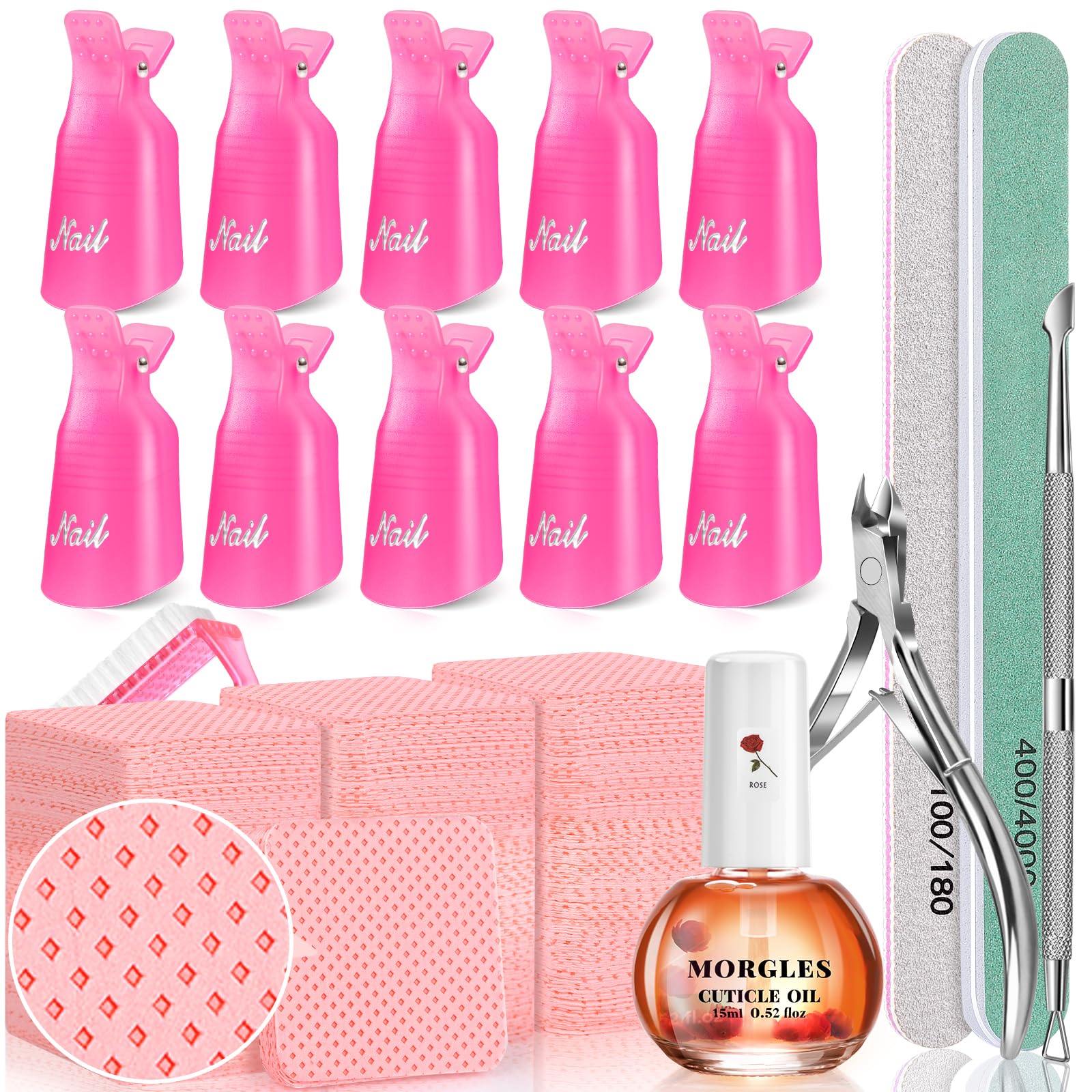MORGLES Nail Polish Remover Kit with 300 Pcs Lint Free Wipes, Pink Nail Clips with 2 Pcs Files and Buffers, Rose Cuticle Oil, Cu