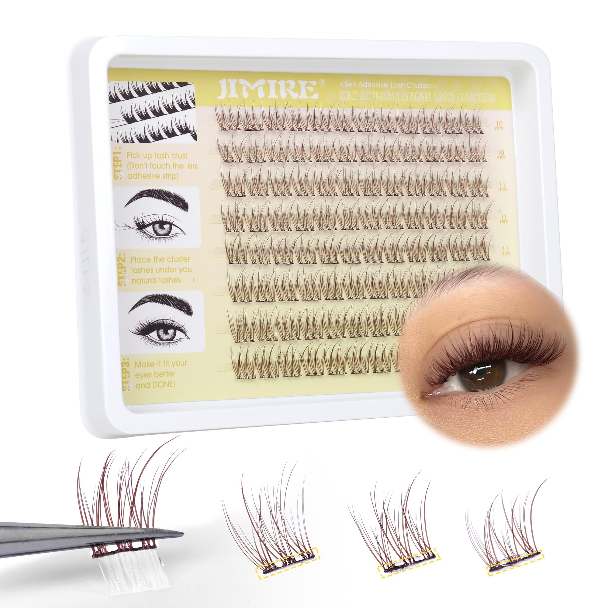 JIMIRE Brown Self Adhesive Eyelashes Press on Lash Clusters Natural Look Pre Glued Brown Cluster Eyelash Extension Wispy 10-12MM