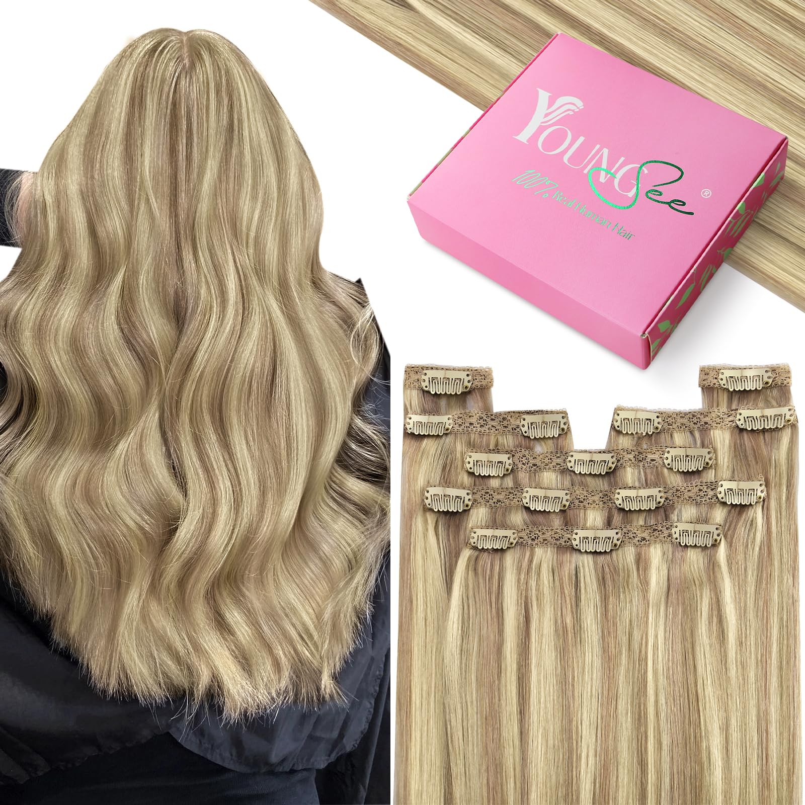 YoungSee 135G Clip in Hair Extensions Highlight Straight Hair Extensions Clip ins Lace Clip on Hair Extensions Warm Ash Blonde H