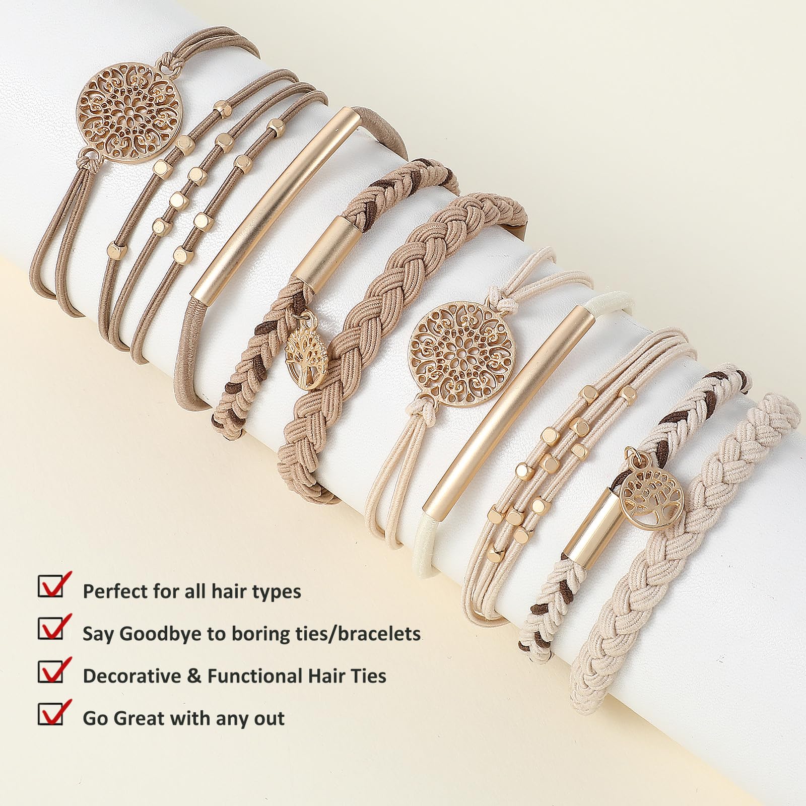 10 Pcs Hair Tie Bracelets for Women Boho Hair Ties for Thin Hair 5 Styles No Damage Ponytail Holders Elastic Hair Bands Light Co