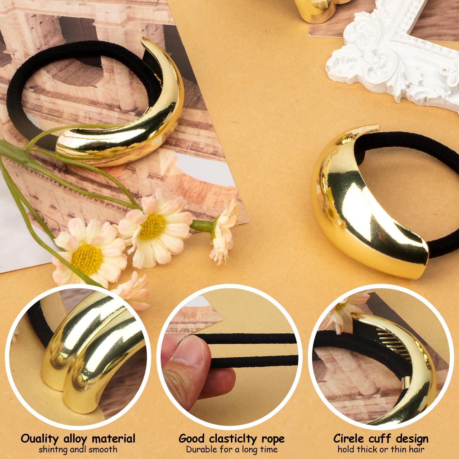 Gold Hair Cuffs 3Pcs Gold Ponytail Cuff Hair Tie For Women Metal Hair Cuff Wrap For Thick Hair Cute Geometric Hair Accessories