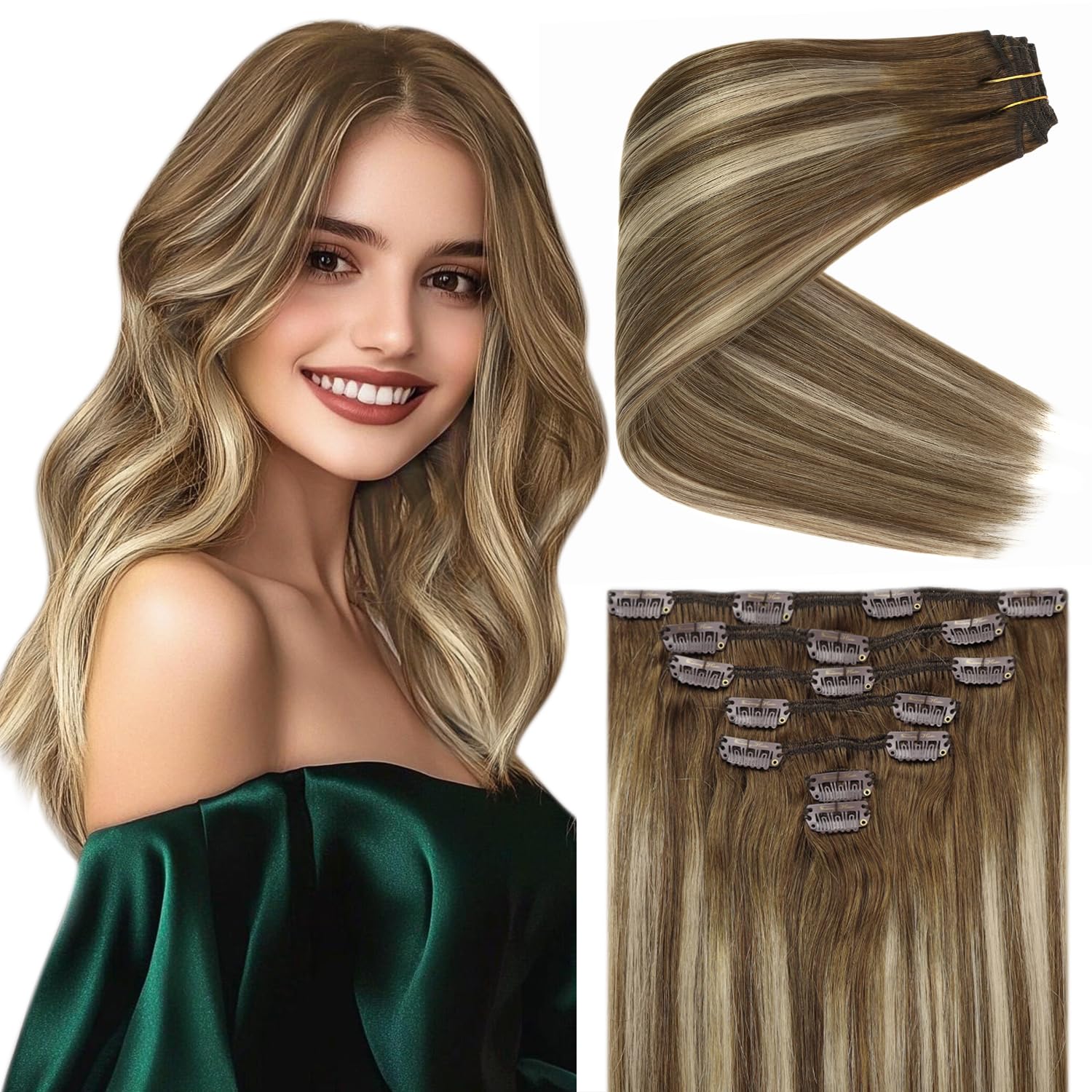 Ve Sunny Balayage Clip in Hair Extensions Human Hair Clip in Extensions Brown Blonde Clip in Ombre Hair Extensions Chestnut Brow