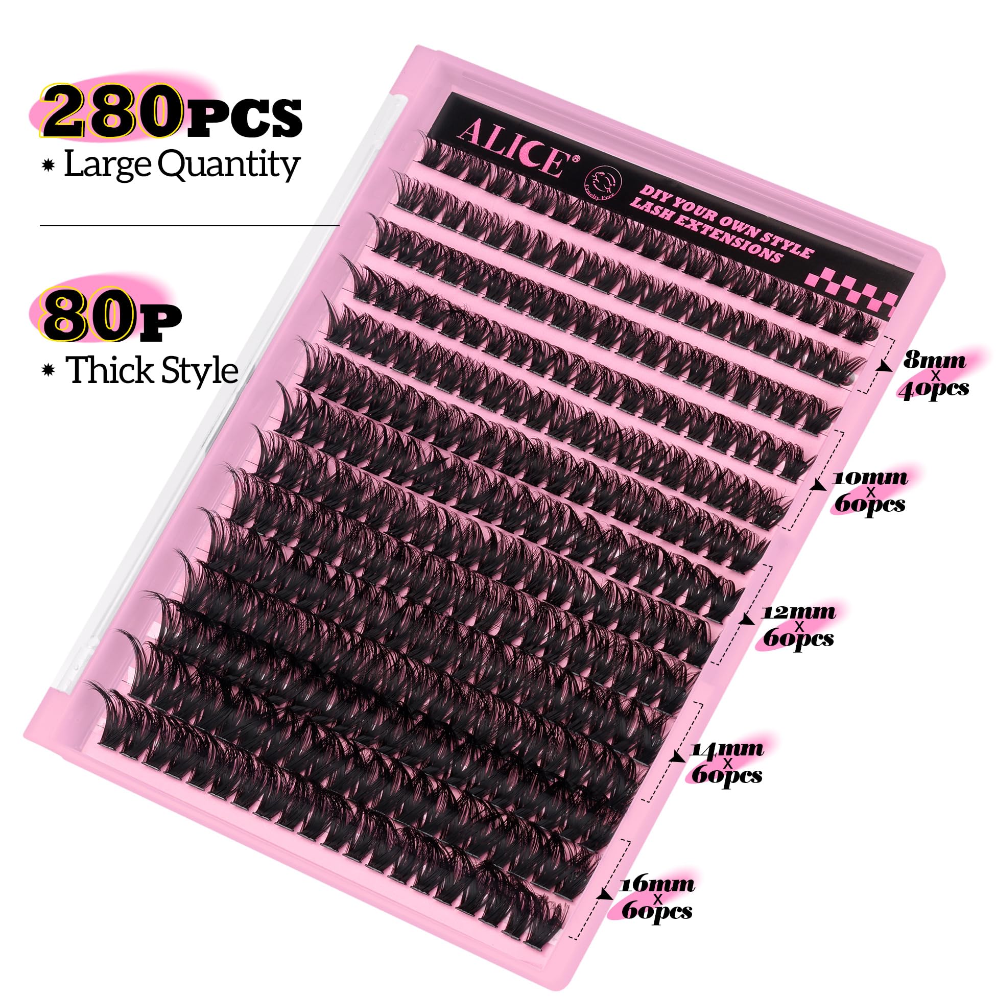 280Pcs Wispy Individual Lashes DIY Eyelash Extensions 8-16MM Fluffy D Curl Lash Extensions Lash Clusters 80D Cluster Eyelashes D