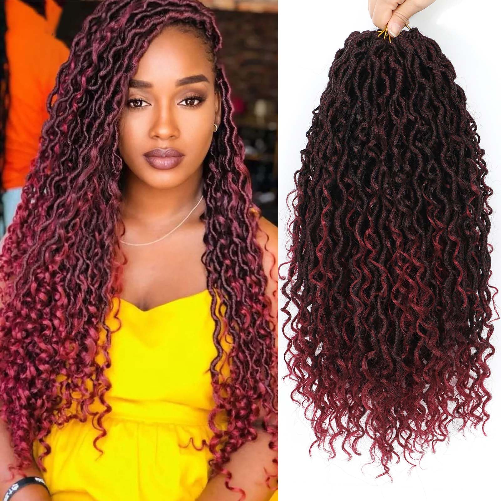 18 Inch 8 Packs Goddess Locs Crochet Hair Ombre Burgundy Faux Locs Crochet Hair for Women Pre Looped River Locs Crochet Hair wit