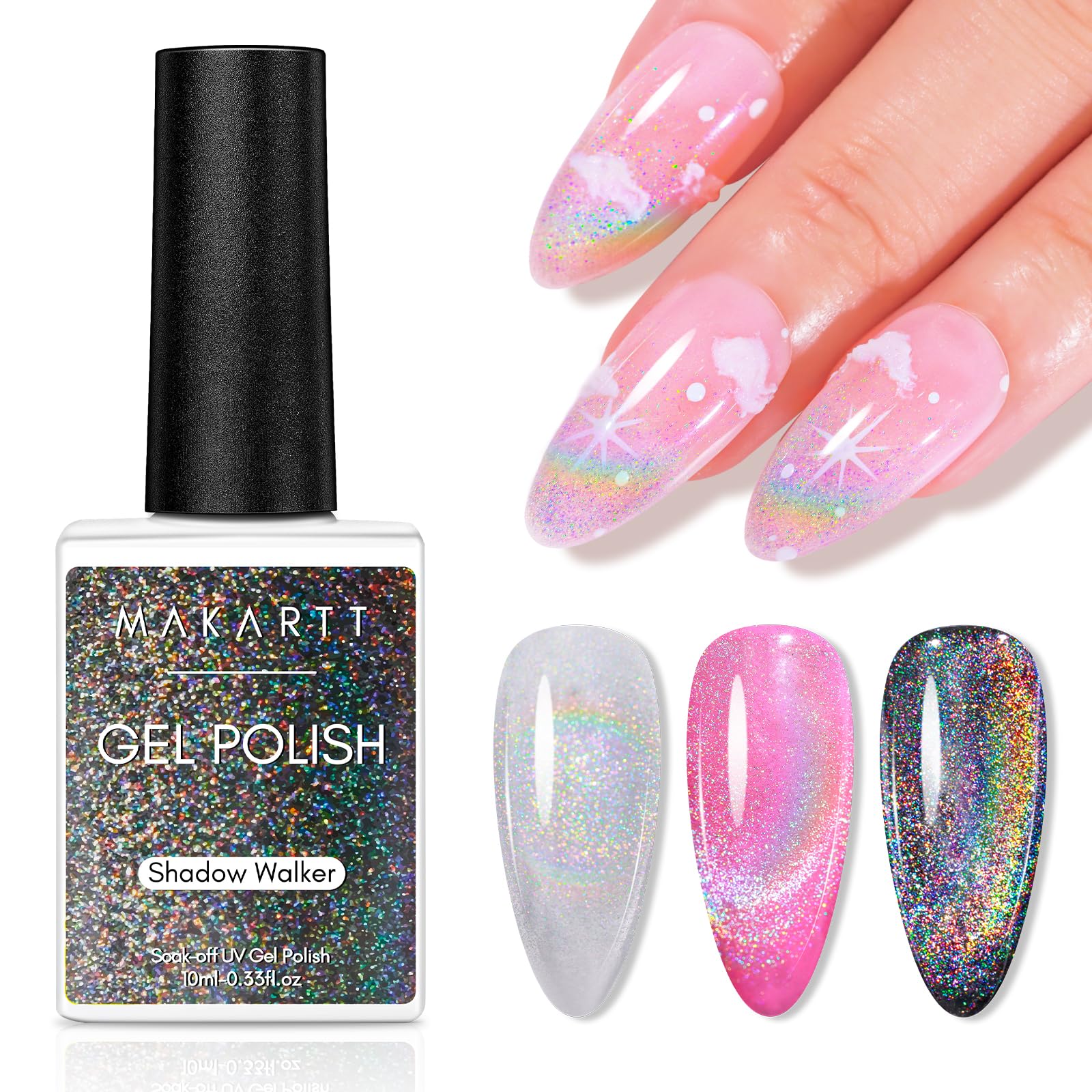 Makartt Gel Nail Polish, Universal Rainbow Cat Eye Gel Nail Polish 10Ml Holographic 9D Sparkly Hole Cat Eye Glitter Spring Gel P