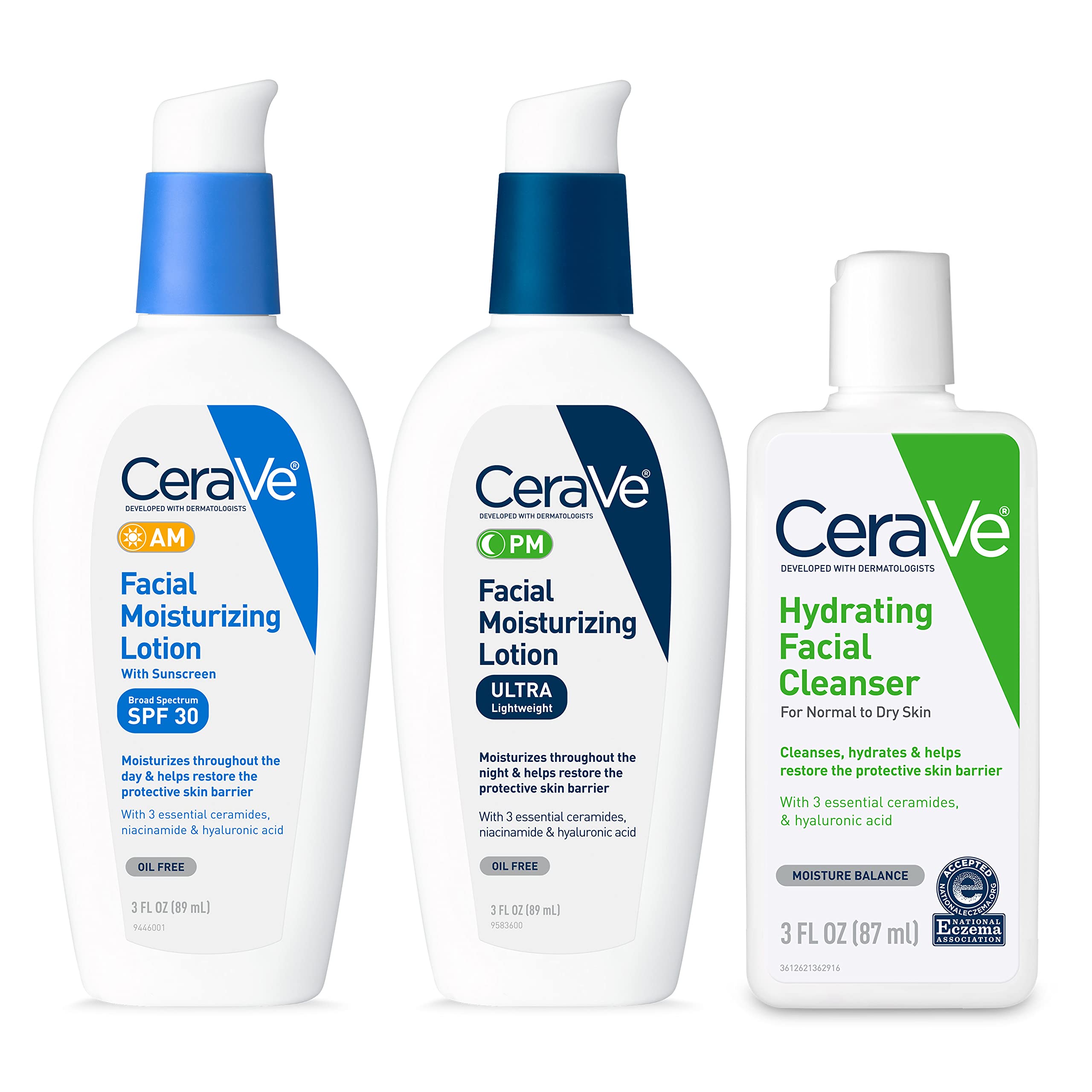 Cerave Am Face Moisturizer With Spf, Pm Face Moisturizer & Hydrating Face Wash Skin Care Routine For Morning & Night | Travel Si