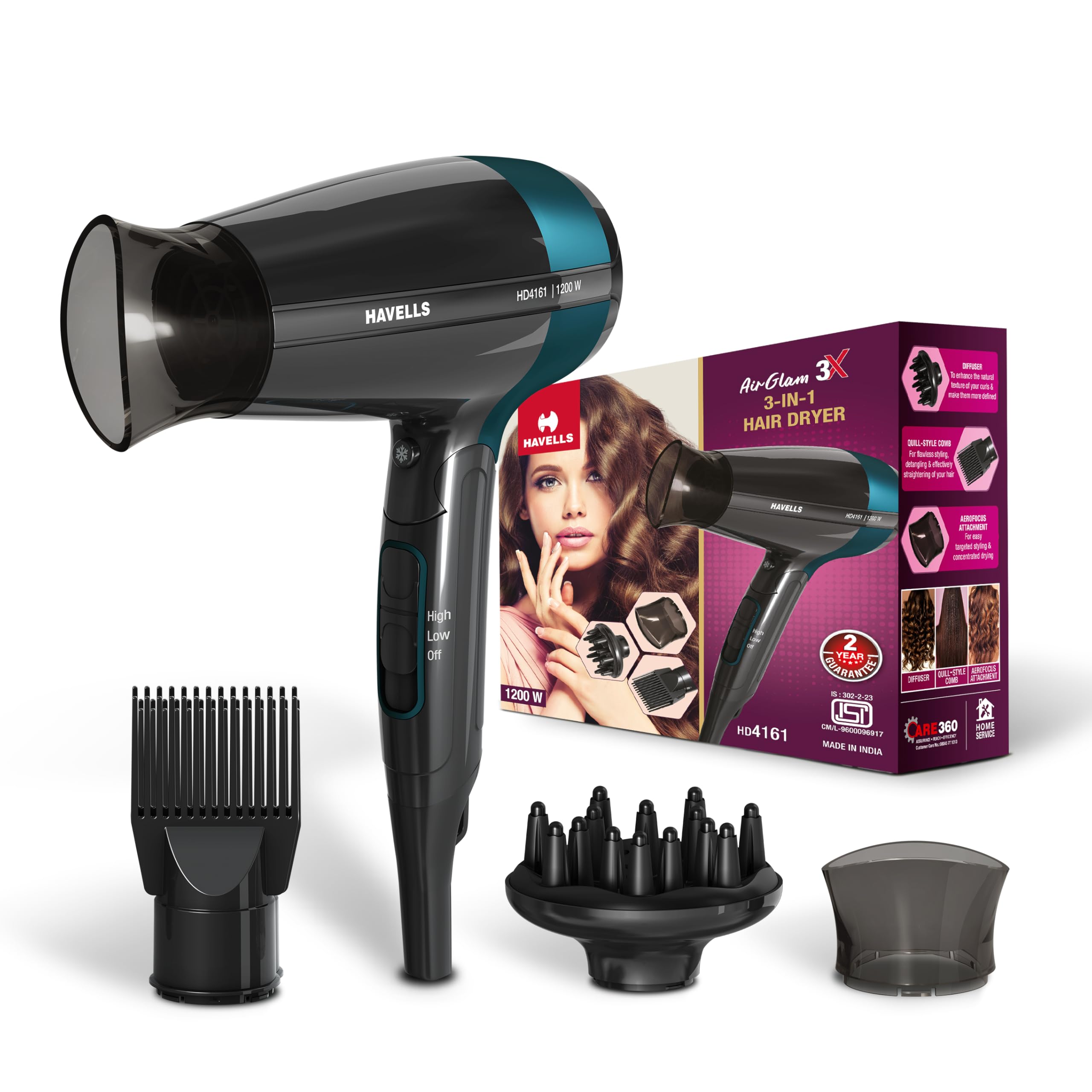Havells Styling Hair Dryer | Hypersonic Motor | 3 Detachable Attachment| Diffuser, Quill-Style Comb, Aerofocus Nozzle|3 Temperat