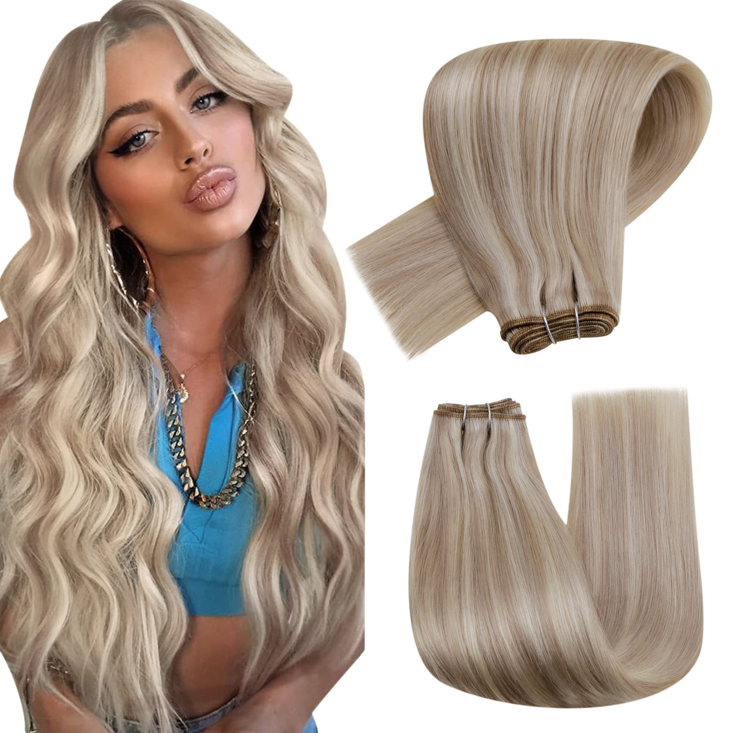 Hetto Blonde Weft Extensions Human Hair 22 Inch 100g Sew in Weft Hair Extensions Human Hair Blonde Brazilian Hand Tied Weft Huma