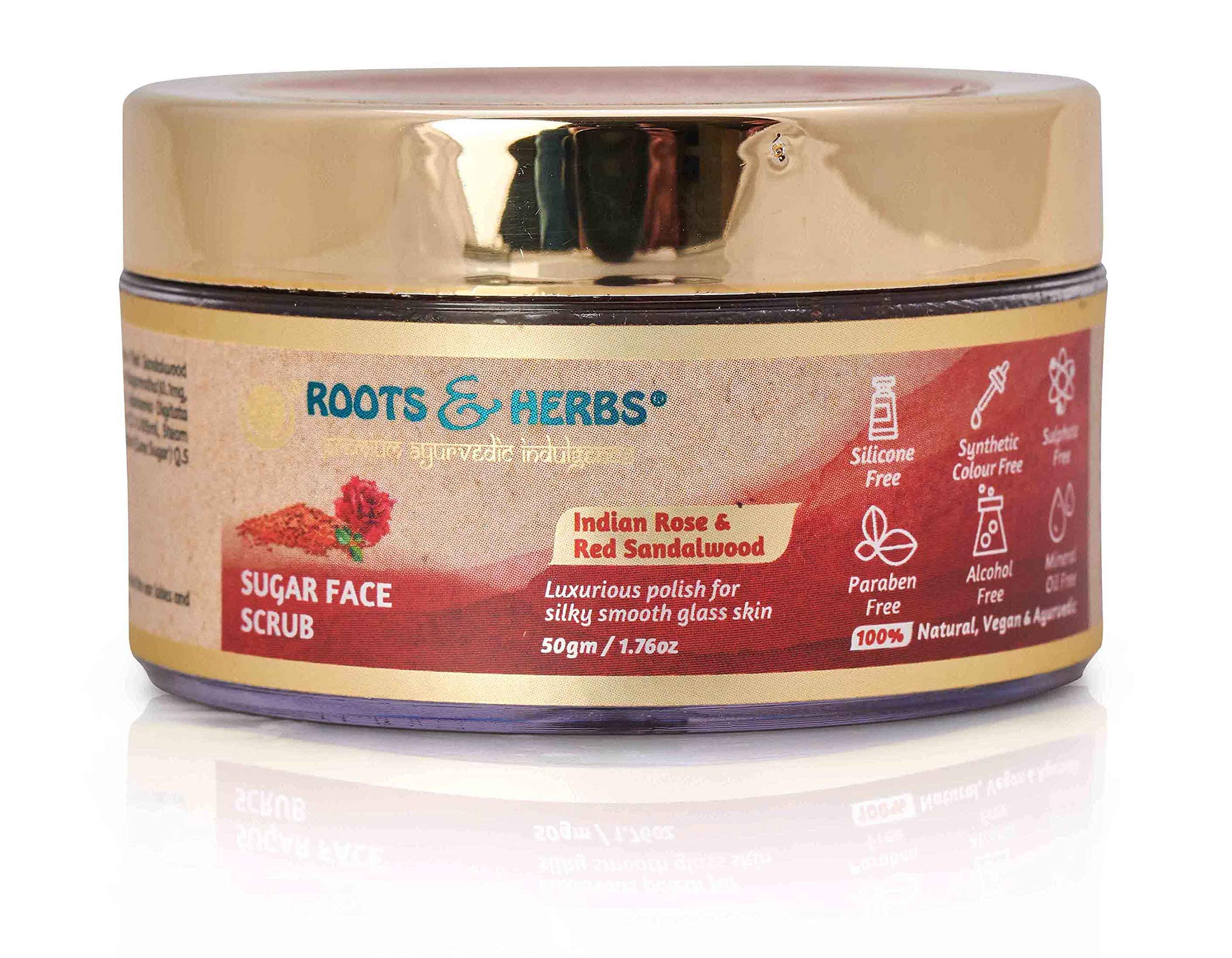 ROOTS AND HERBS Face Scrub Indian Rose & Red Sandalwood Sugar Scrub - Facial Skin Exfoliator to stimulate Collagen - Exfoliating