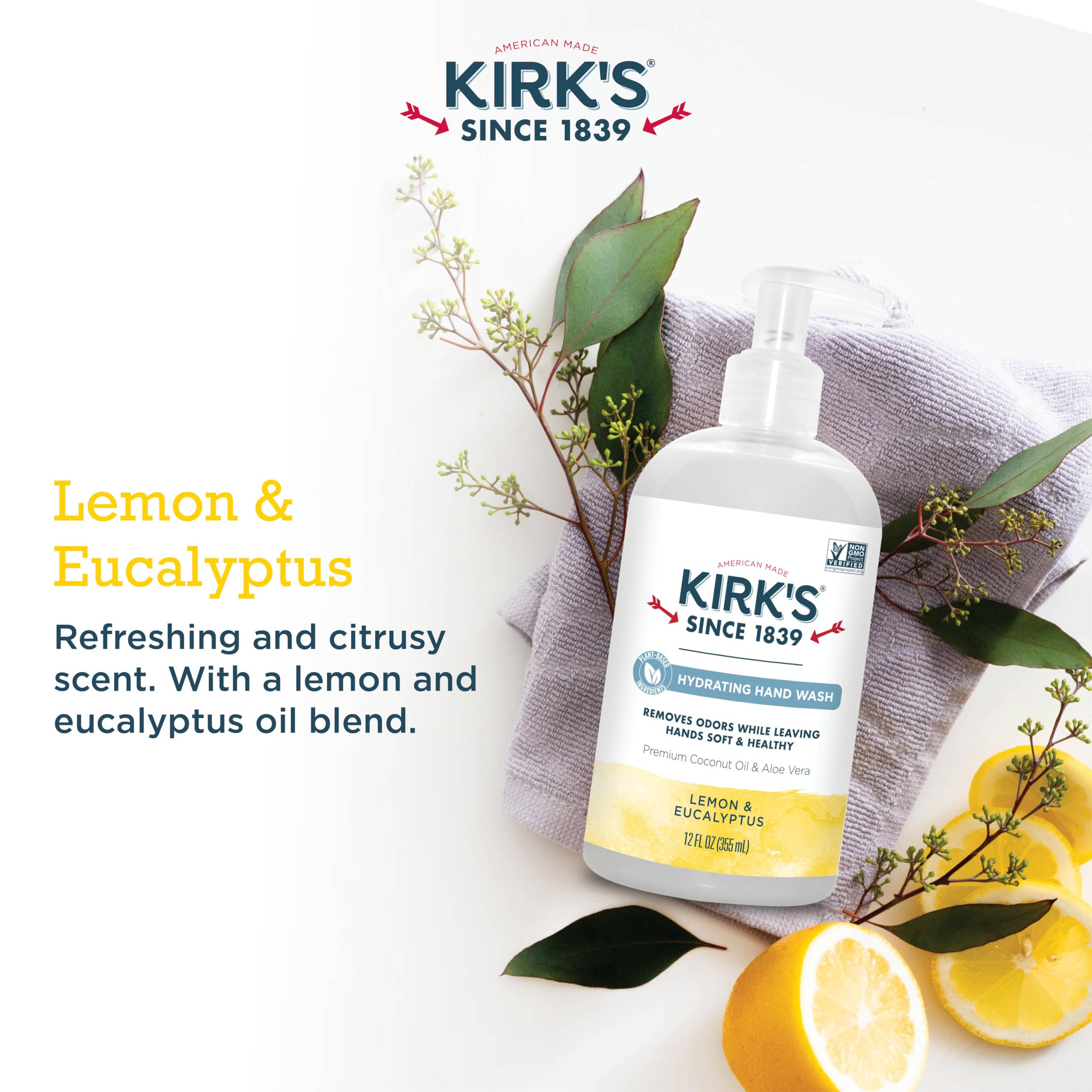 Kirks Odor-Neutralizing Clean Hand Soap Castile Liquid Soap Pump Bottle  Moisturizing & Hydrating Kitchen Hand Wash  Lemon & Euc