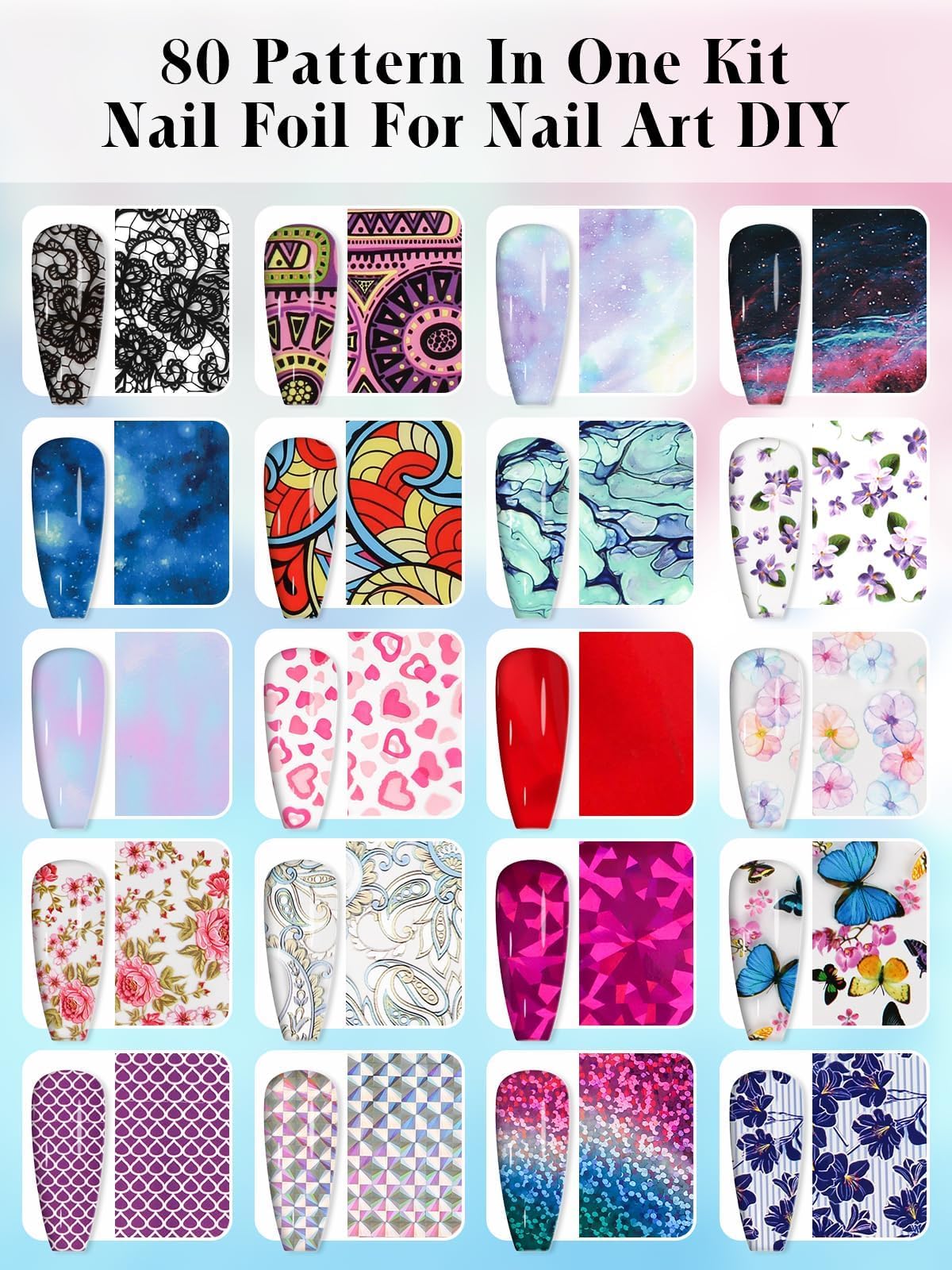 EBANKU 80 Pcs Nail Art Foil with 30ML Nail Foil Glue Gel, Starry Sky Flower Foils Transfer Stickers Foils Gels Polish Set for Sa