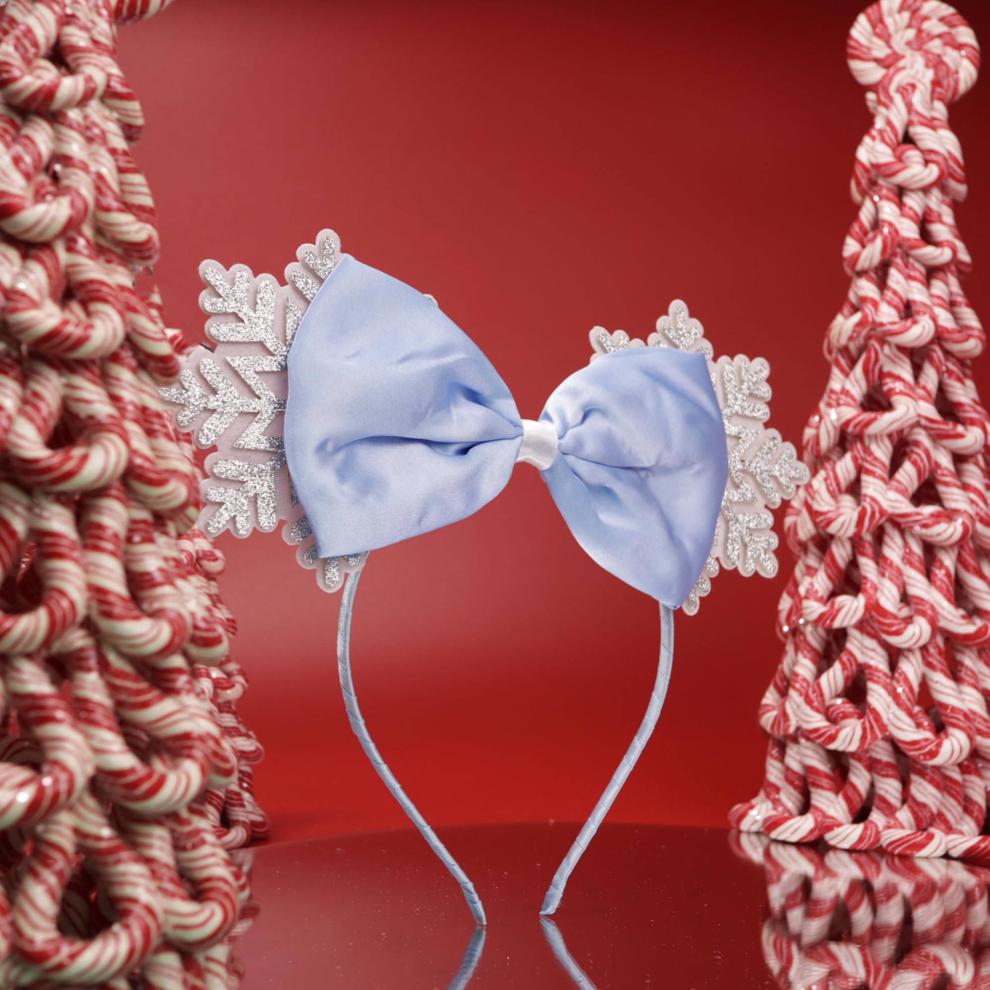 Needzo Snowflake Mouse Ear Headband with Bow, Frozen Glitter Hair Accessory for Women, One Size Fits Most, 9.5 Inches