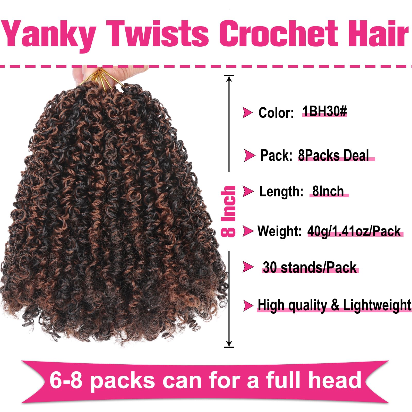 Unionbeauty Pre-Twisted Yanky Twist Crochet Braids Hair 8 Inch 8 Packs Ombre Brown Spring Twists Hair Micro Passion Twists Croch