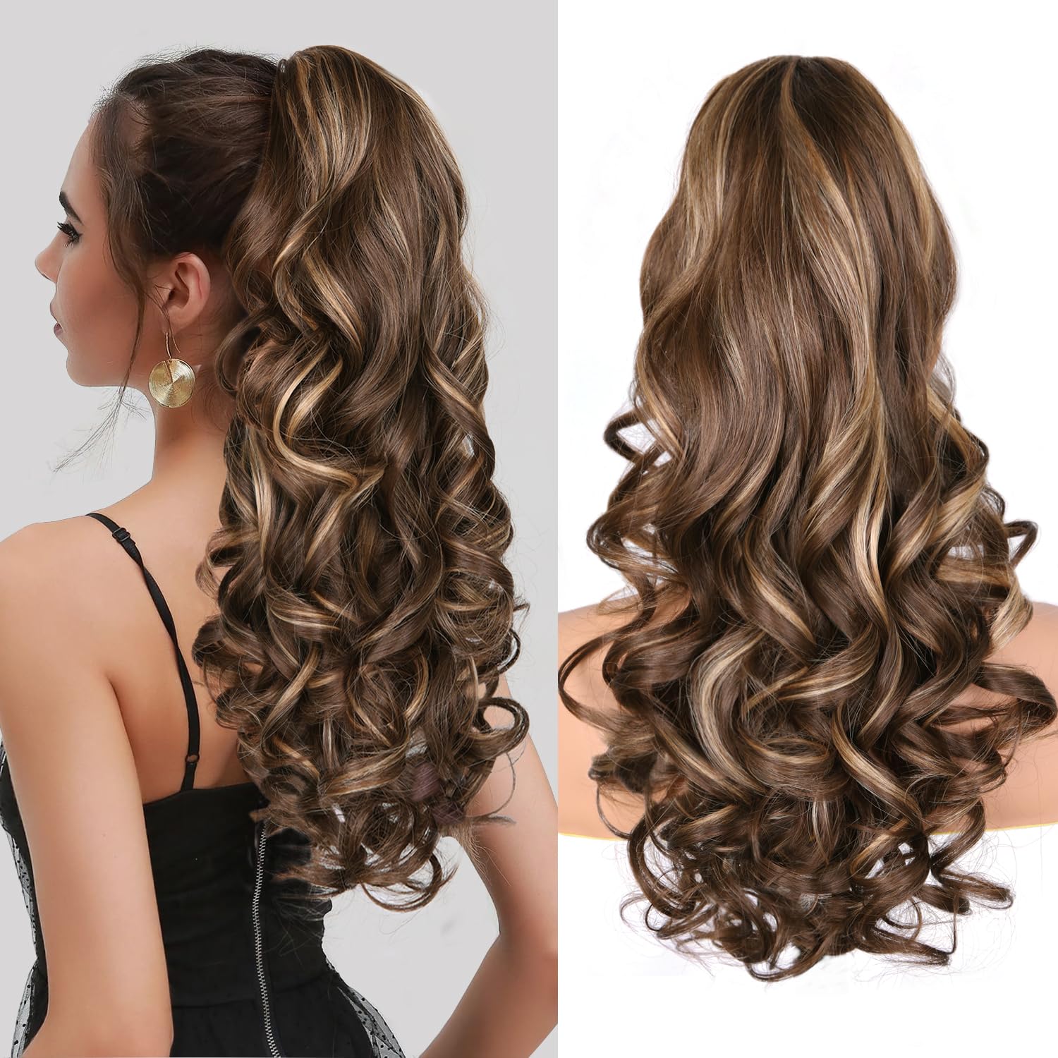 24 Inch Ponytail Extension, Clip on Ponytails for Women, Long Curly Wavy Ponytail Extensions for Women, Synthetic Layered Pony T