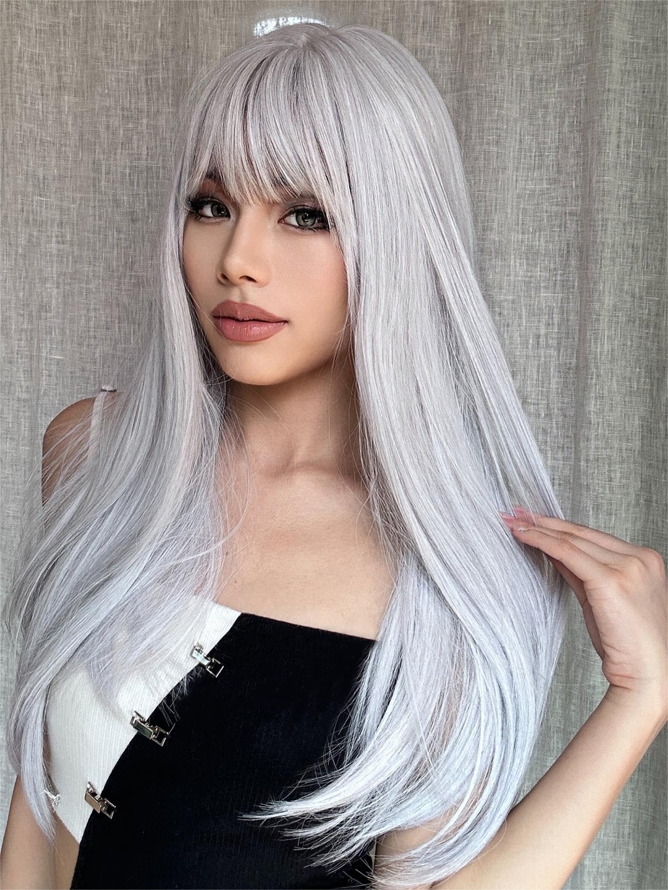 Entranced Styles White Wig With Bangs Long Straight White Wigs For Women Cosplay Wigs For Gril Natural Hairline Heat Resistant S