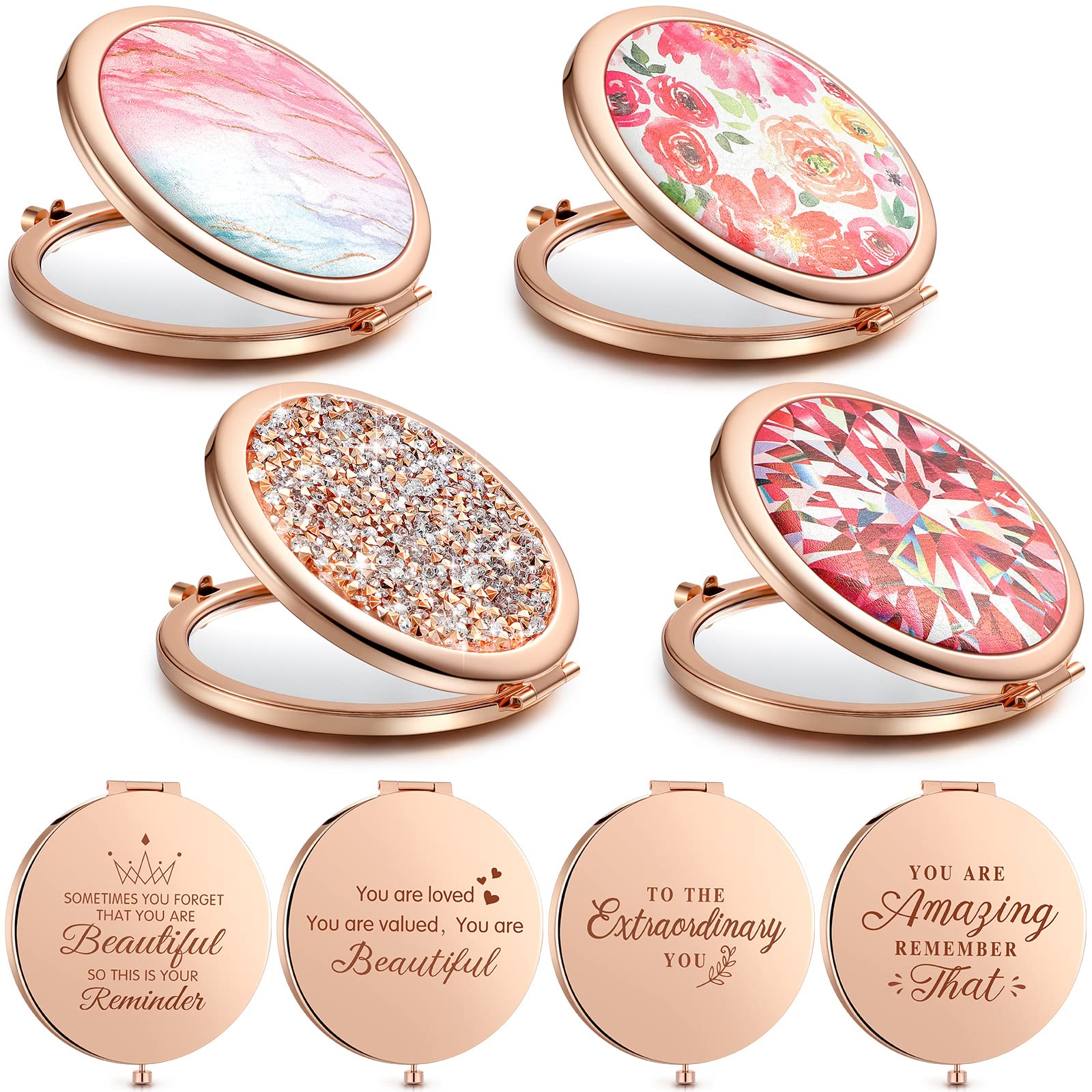 Chunful 4 Pcs Floral Pocket Mirror for Women Bulk Rhinestone Rose Gold Compact Mirror Vintage Engraved Pocket Makeup Double Side