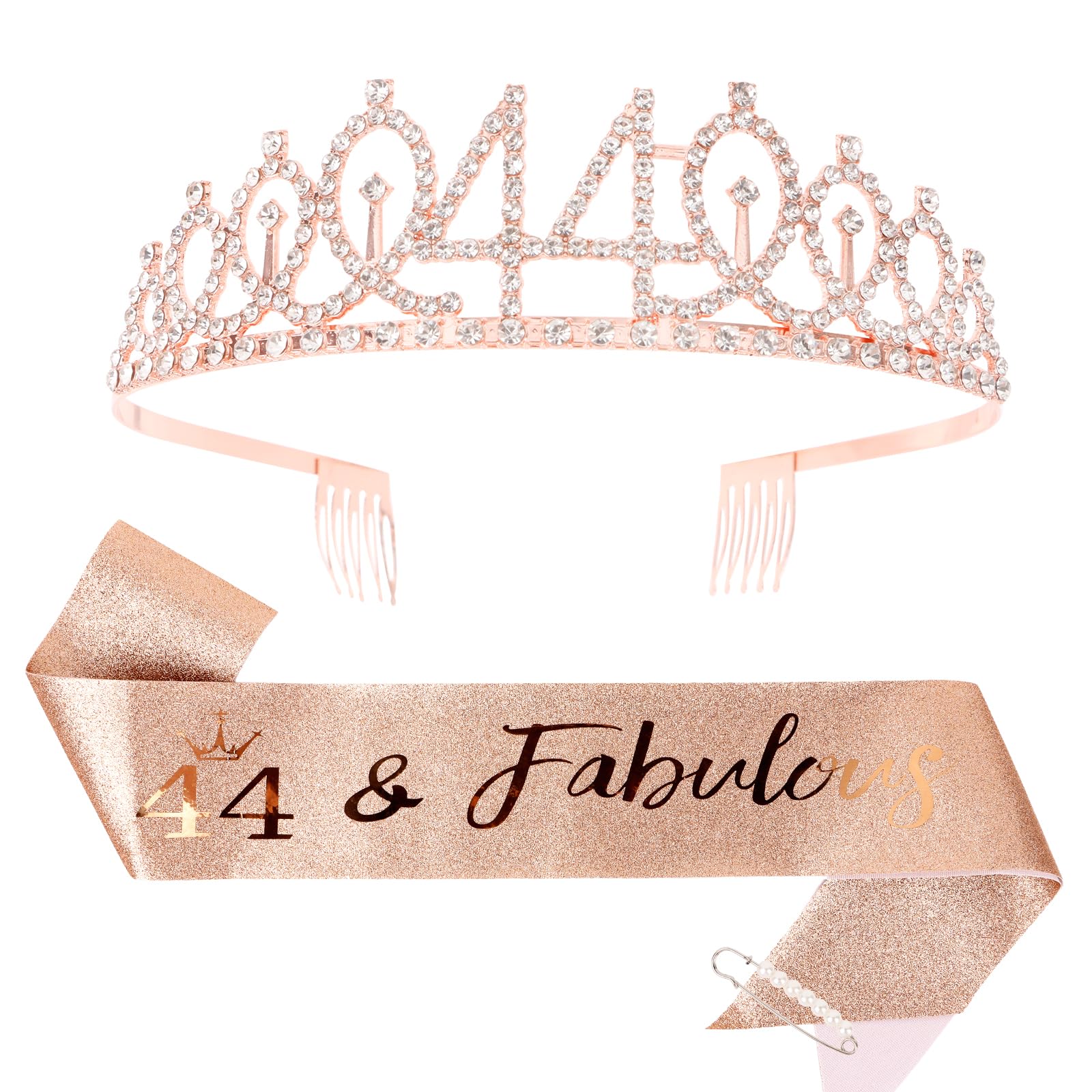 CIEHER 44th Birthday Crown + 44th Birthday Sash + Pearl Pin Set, 44 & Fabulous Birthday Sash, 44 Birthday Tiara, 44th Birthday D