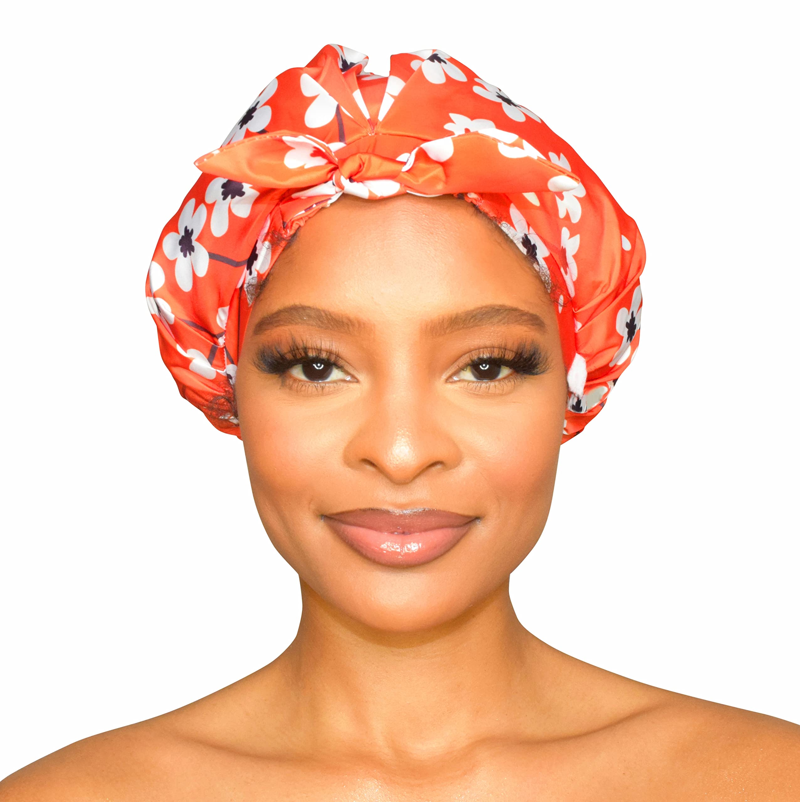 Grace & Company Luxury Shower Cap For Women - 100% Waterproof, Reusable, Washable & Breathable Shower Caps-Clementine