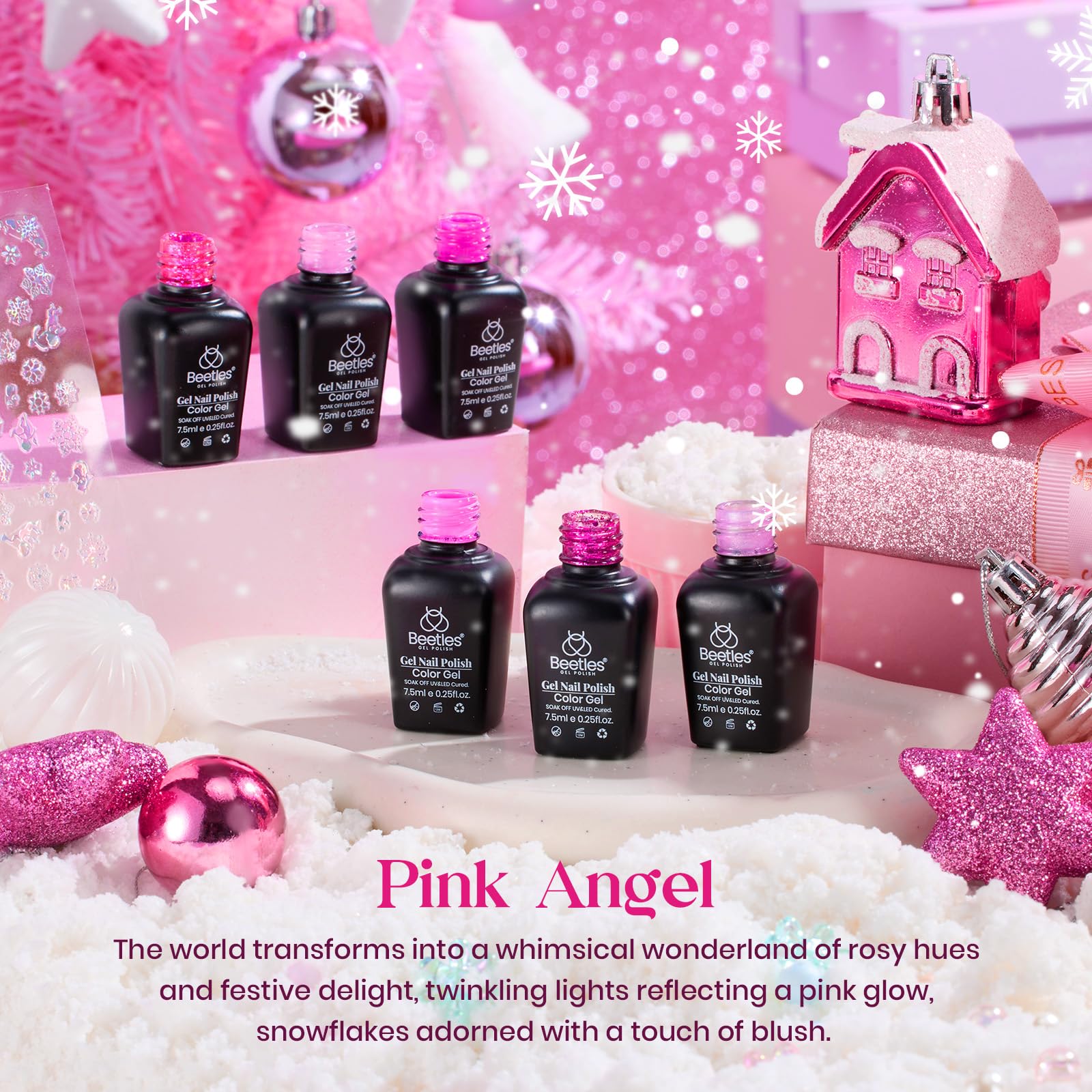 Beetles Pink Gel Nail Polish Set, 6 Colors Hot Pink Glitter Sparkle Light Pink Nail Polish Kit Snowflake Gift Set For Girls Soak