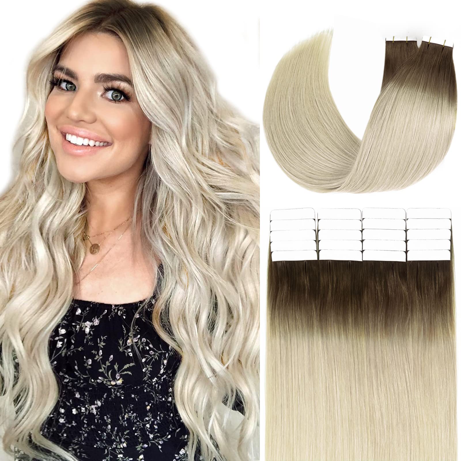 Loxxy Tape In Natural Hair Remy Human Hair Extensions Dip Dyed Balayage #2/60 Darker Brown To Platinum Blond Seamless Pu Skin We