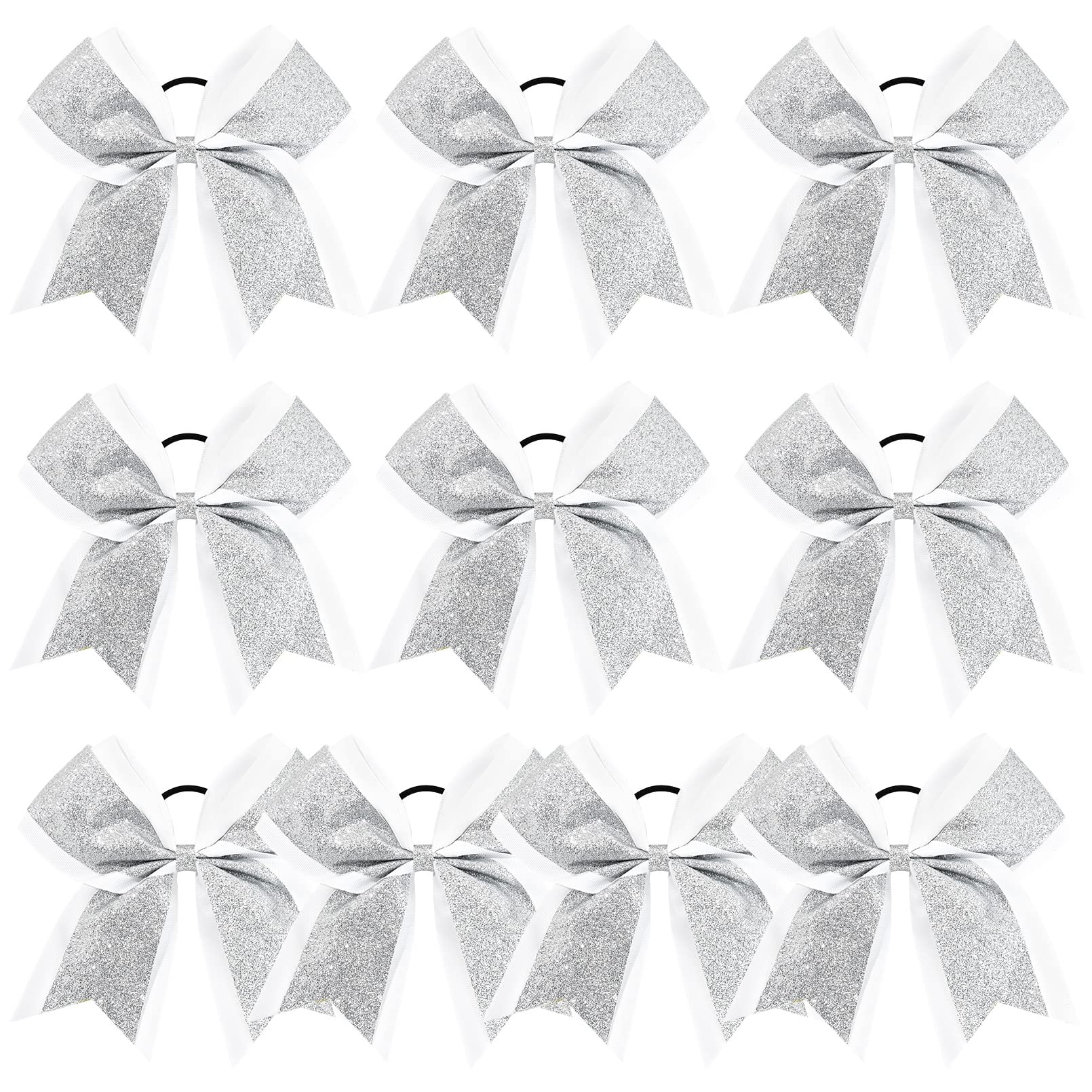 10PCS 8 Large Glitter Hair Bows with Hair Ties for Girls - Silver Rhinestones Sequin, School Cheer Accessories for Teen Softball
