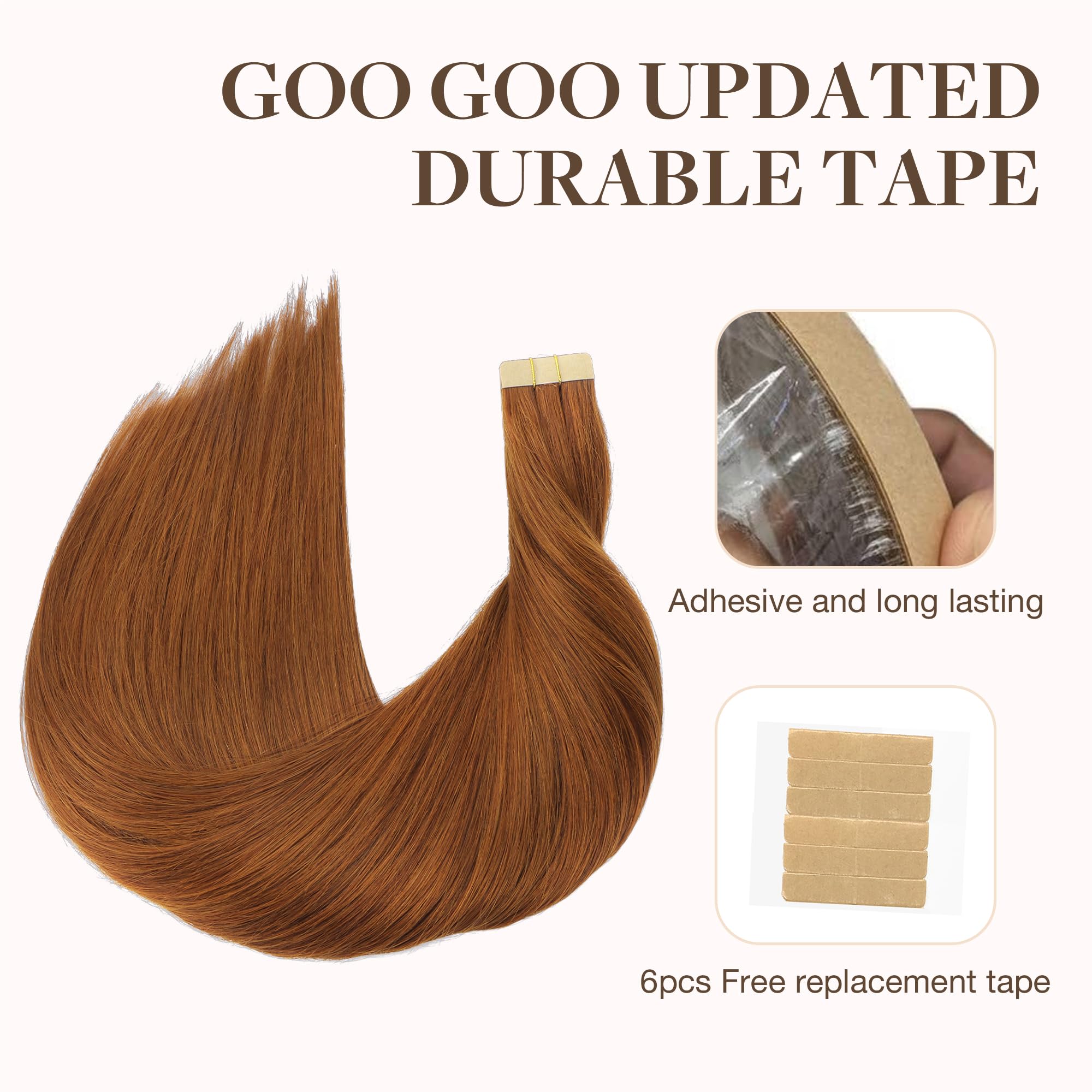 Goo Goo Tape In Hair Extensions Human Hair, 350 Copper, 14Inch 100G 40Pcs, Thick Ends Straight Seamless Tape In, Invisible Tape