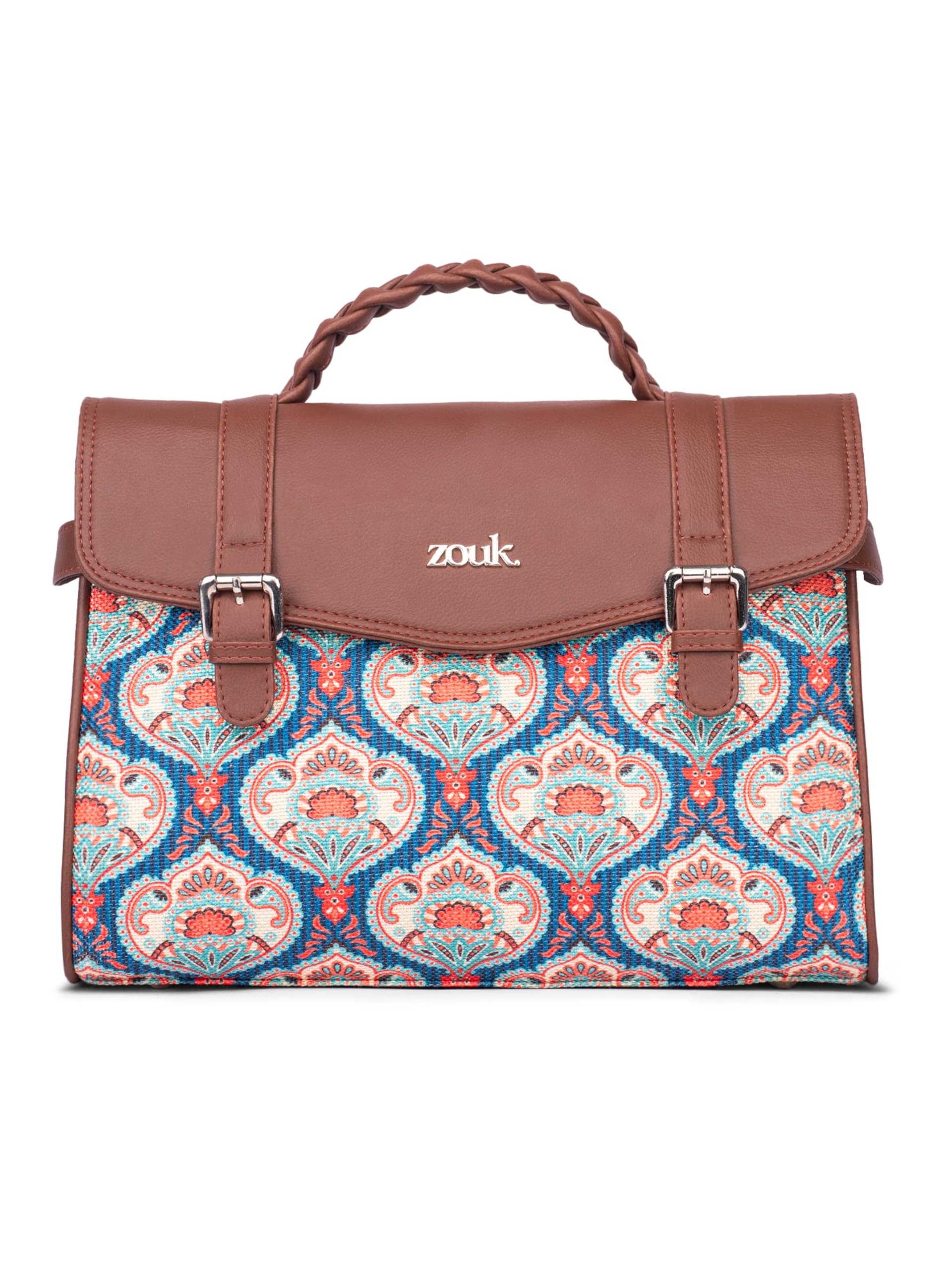 Zouk Konkona Heritage Satchel Bag  Kovil Blue | Jute | Vegan Leather Handcrafted With Detachable Sling Strap| Blue