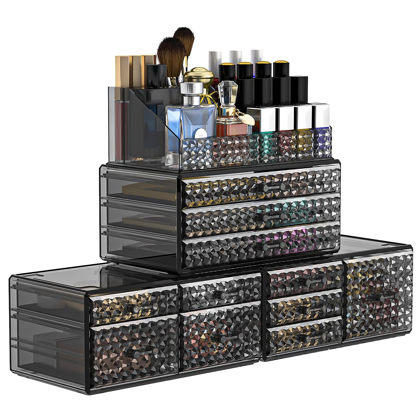 Awenia 4 Pack Stackable Makeup Organizer[Upgraded],Acrylic Cosmetics Storage Large Capacity with 11 Drawers For Brush Holder,Per