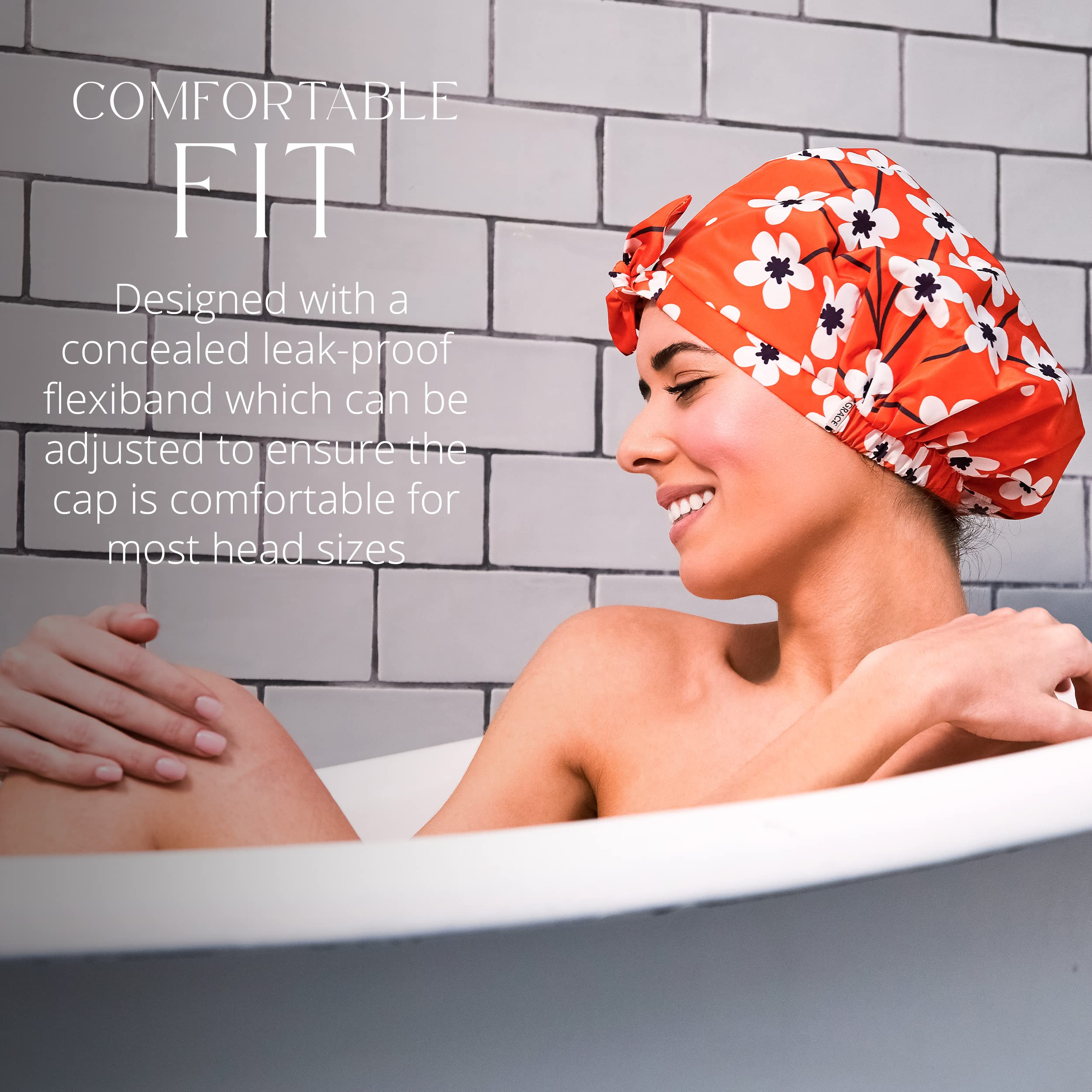 Grace & Company Luxury Shower Cap For Women - 100% Waterproof, Reusable, Washable & Breathable Shower Caps-Clementine