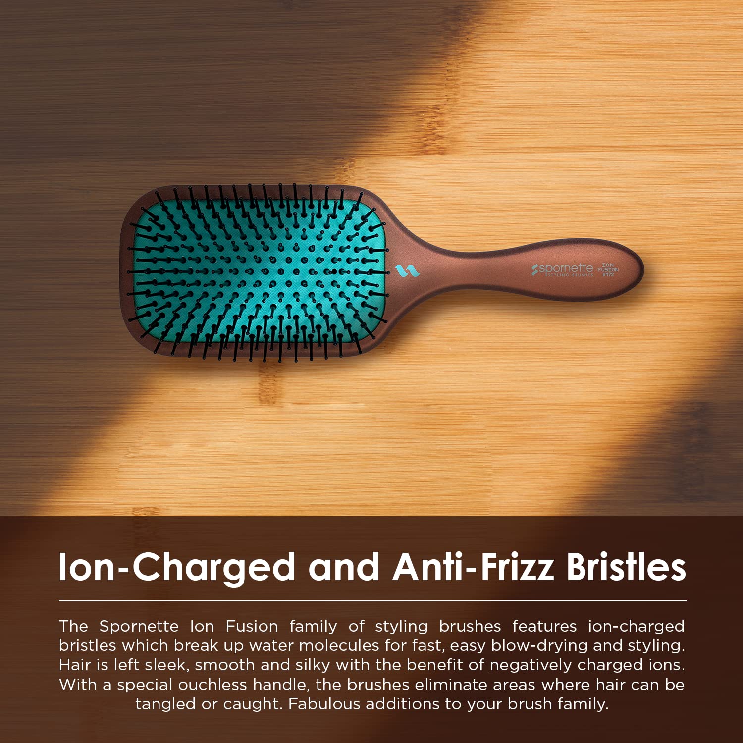 SPORNETTE Ion Fusion Paddle Hair Brush - Ionic Nylon Bristles for Detangling & Smoothing - Medium to Long Hair - Brown - Model 172