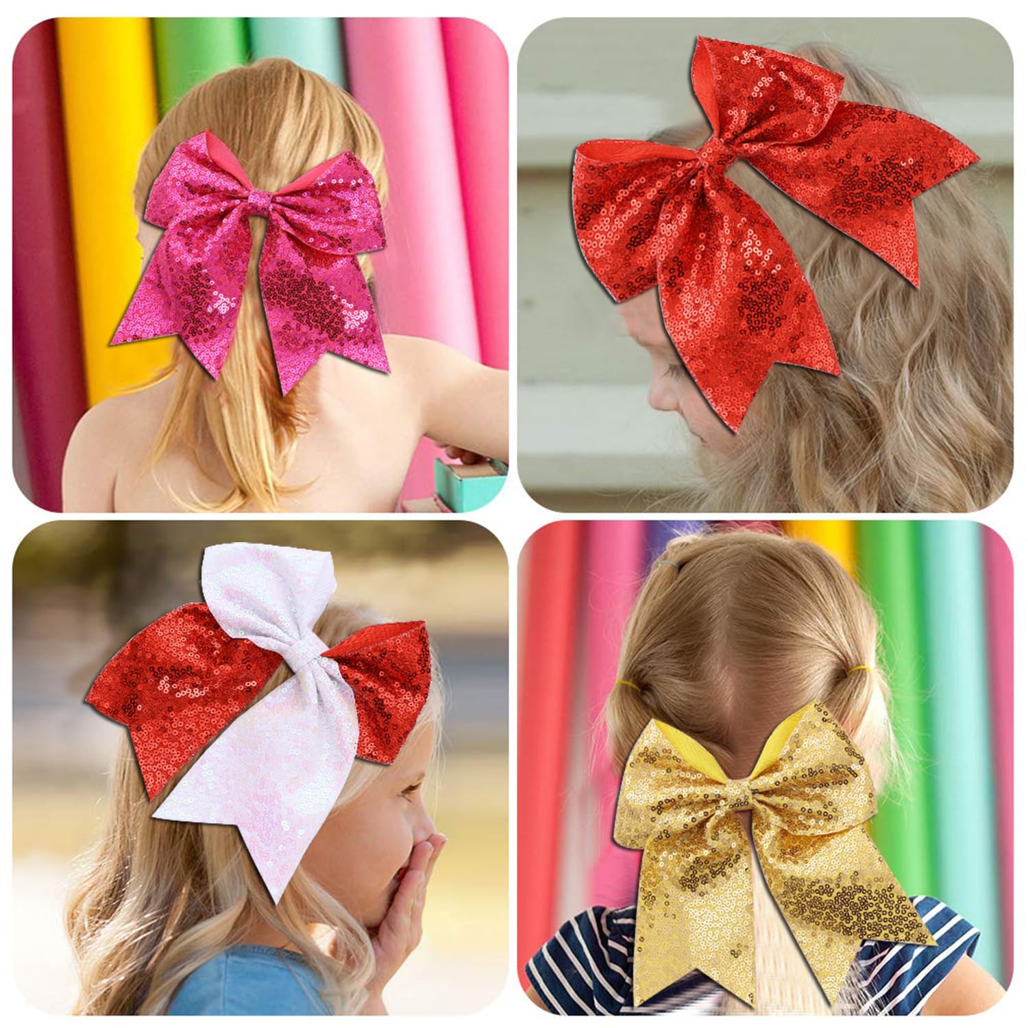16 PCS Large Glitter Red Cheer Hair Bows, Shiny Cheerleading Bows Ponytail Holder for Cheerleader Girls Softball Sports and Chri