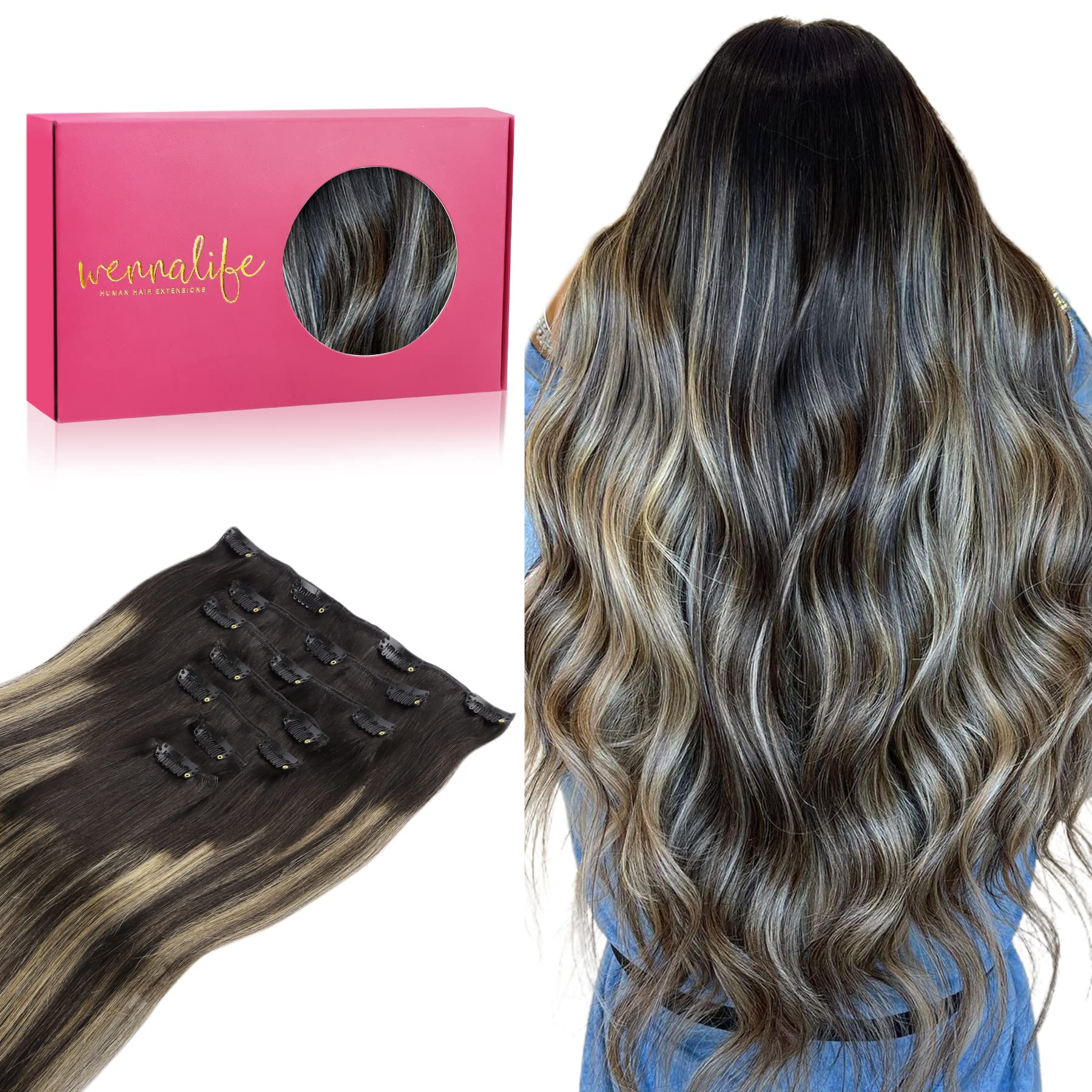 Wennalife Clip In Human Hair Extensions, 16 Inch 120G 7Pcs Balayage Natural Black To Light Blonde Hair Extensions Clip In Human
