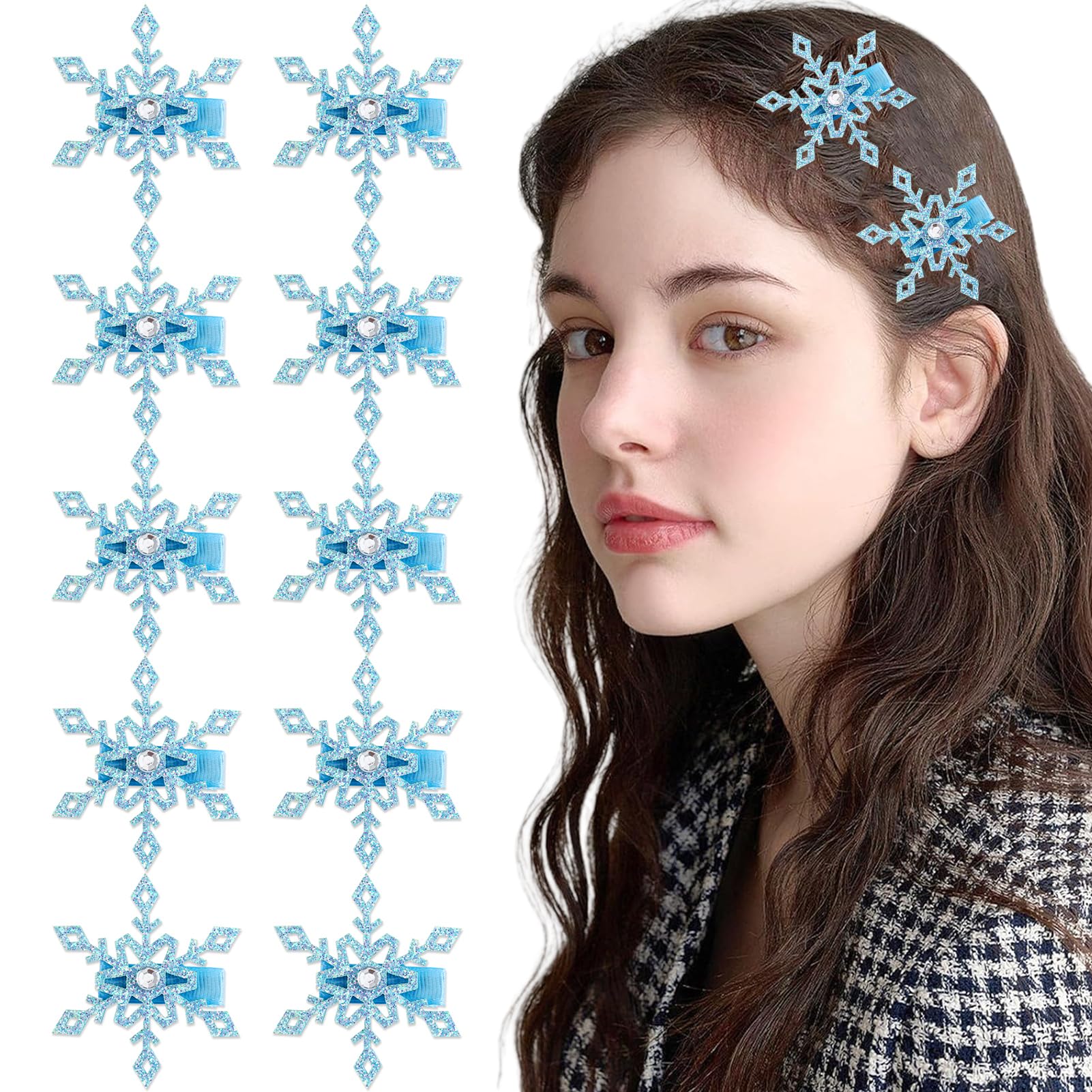 TUCEWP 10Pcs Snowflake Hair Clip for Women Girls Cute Rhinestones Hair Pins Nonslip Sparkly Hair Barrette Snap Blue Metal Alliga