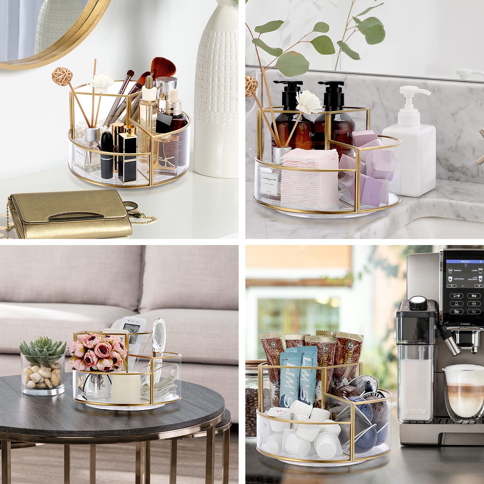 Hipiwe 360 Rotating Makeup Organizer 3-Slot Gold Glass Spinning Cosmetic Display Case Round Vanity Storage Holder Dresser Bathro