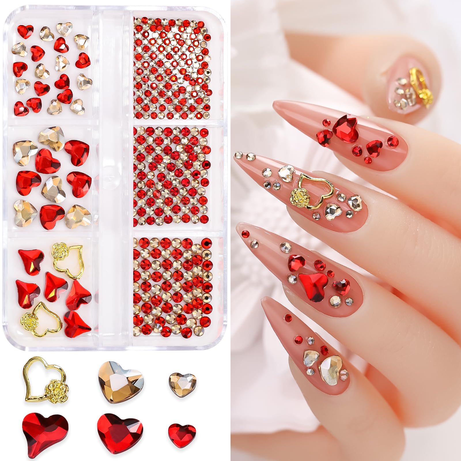 Mkwntg Red Heart Nail Charms Valentine's Day Luxury Nail Art Rhinestones 3D Glitter Nail Jewelry Red Gold Round Beads Flat Back 