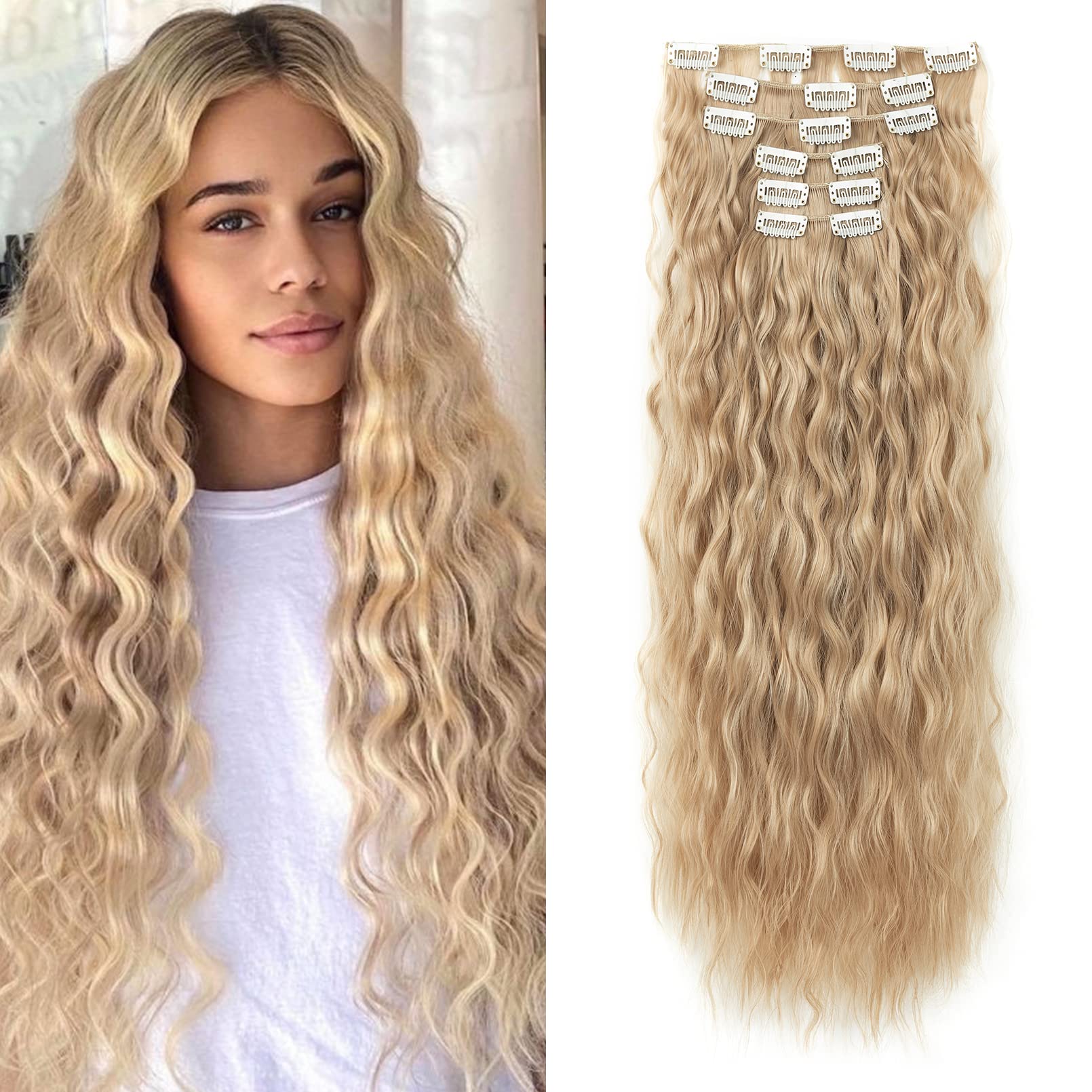 LONAI 6PCS Clip In Hair Extensions, 24'' Blonde Hair Extensions Long Mermaid Waves Wavy Synthetic Clip On Hairpiece For Women Na