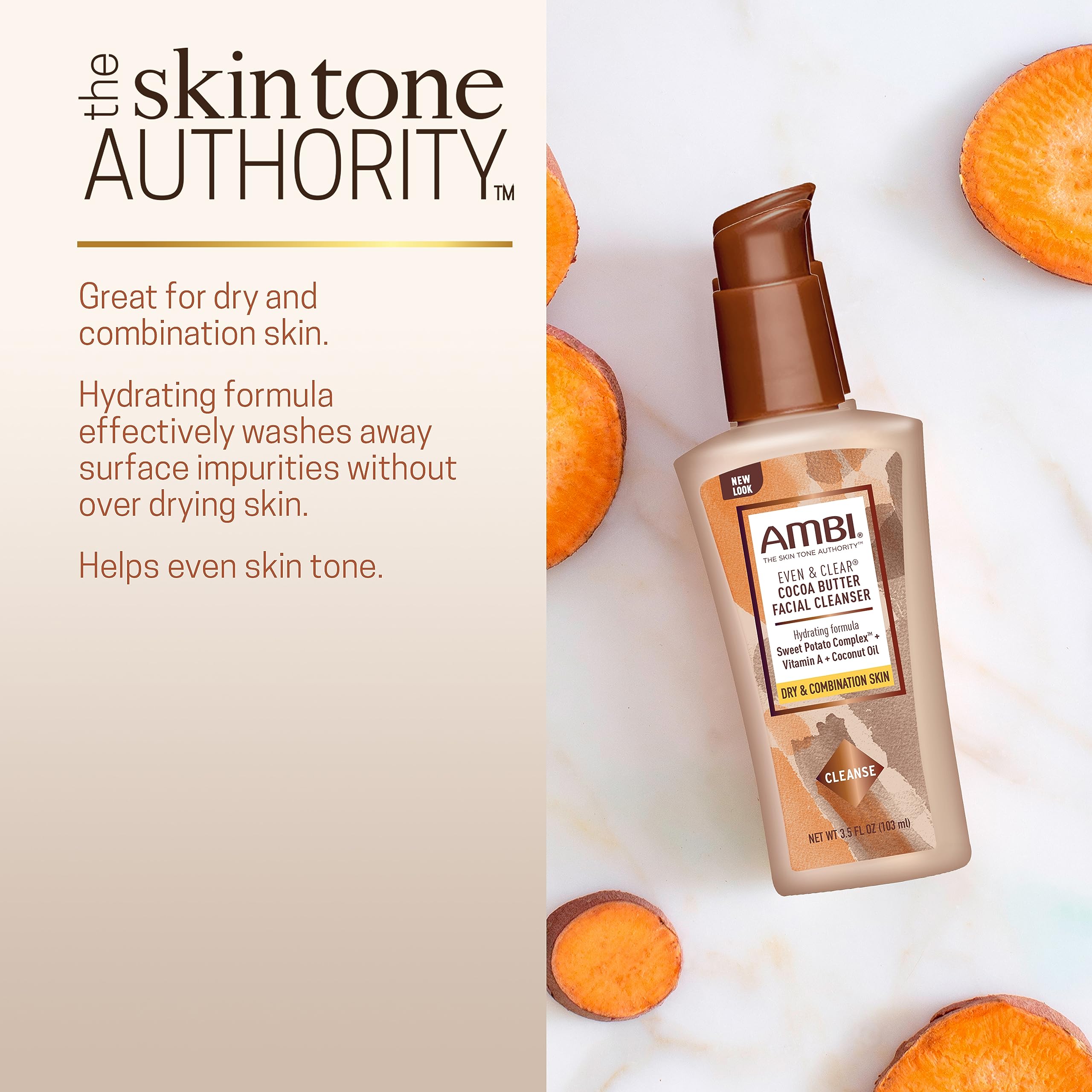 Ambi Even & Clear Cocoa Butter Facial Cleanser With Nutrient-Rich Sweet Potato Complex | Hydrating Formula | Helps Even Skin Ton