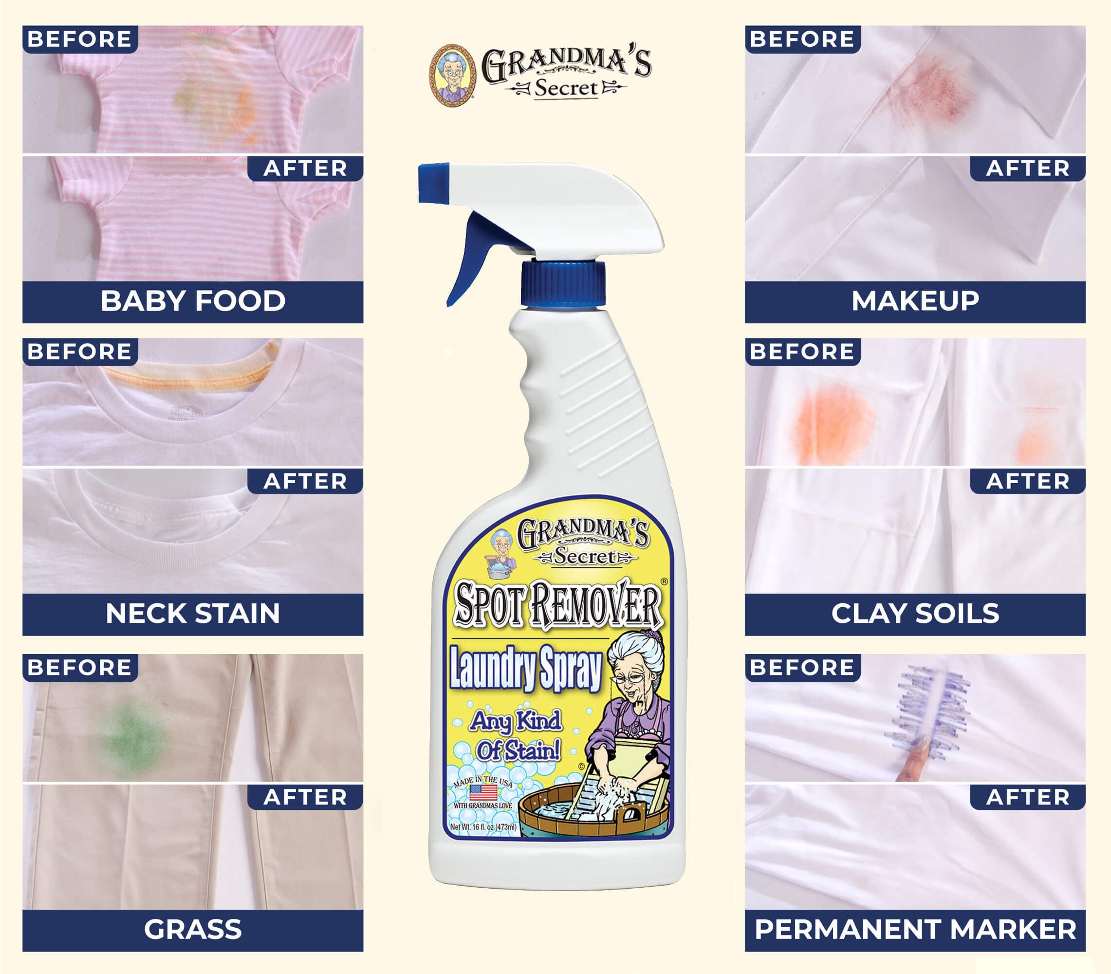 Grandma's Secret Stain Remover - Chlorine-Free, 16 oz Spray Bottle, 2 Pack - Removes Oil, Paint, Blood & Pet Stains