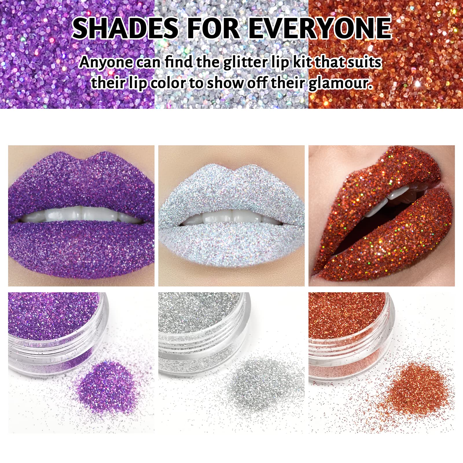 Freeorr 3 Colors Glitter Lip Kit, Diamond And Glitter Metallic Lip Powder With Lip Primer, Waterproof Long Lasting & Smudge Proo
