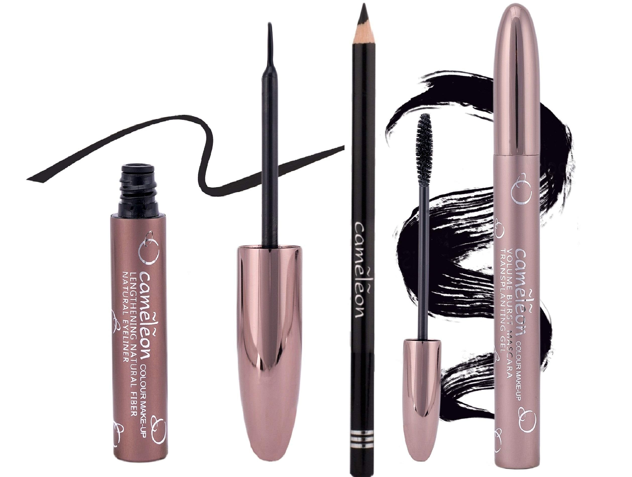 Cameleon Combo Of Liquid Eyeliner, Volume Burst Mascara, Eye Liner/Kajal Pencil, All Black Matte Finish (Set Of 3)