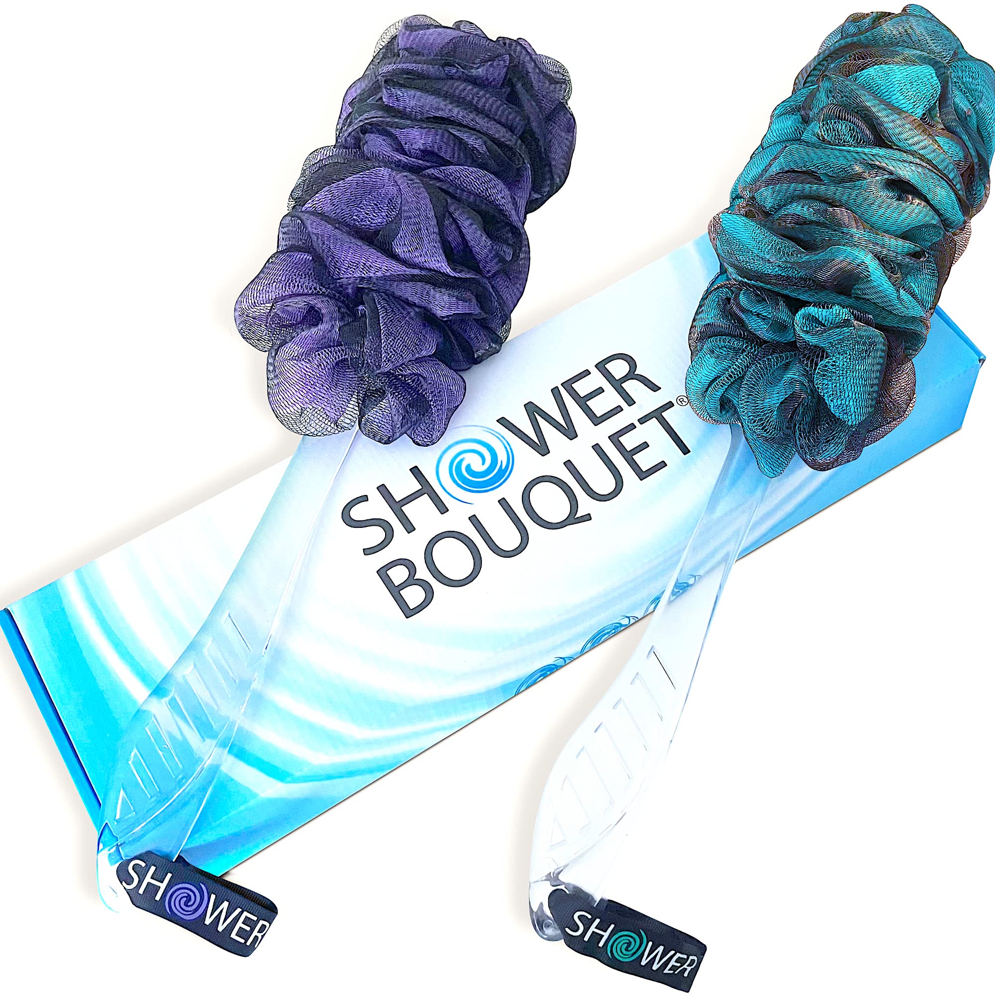Loofah-Charcoal Back-Scrubbers Color-2-Pack-By-Shower-Bouquet: Long-Handle Bath-Sponge-Brushes With Extra Large Soft Mesh For Me