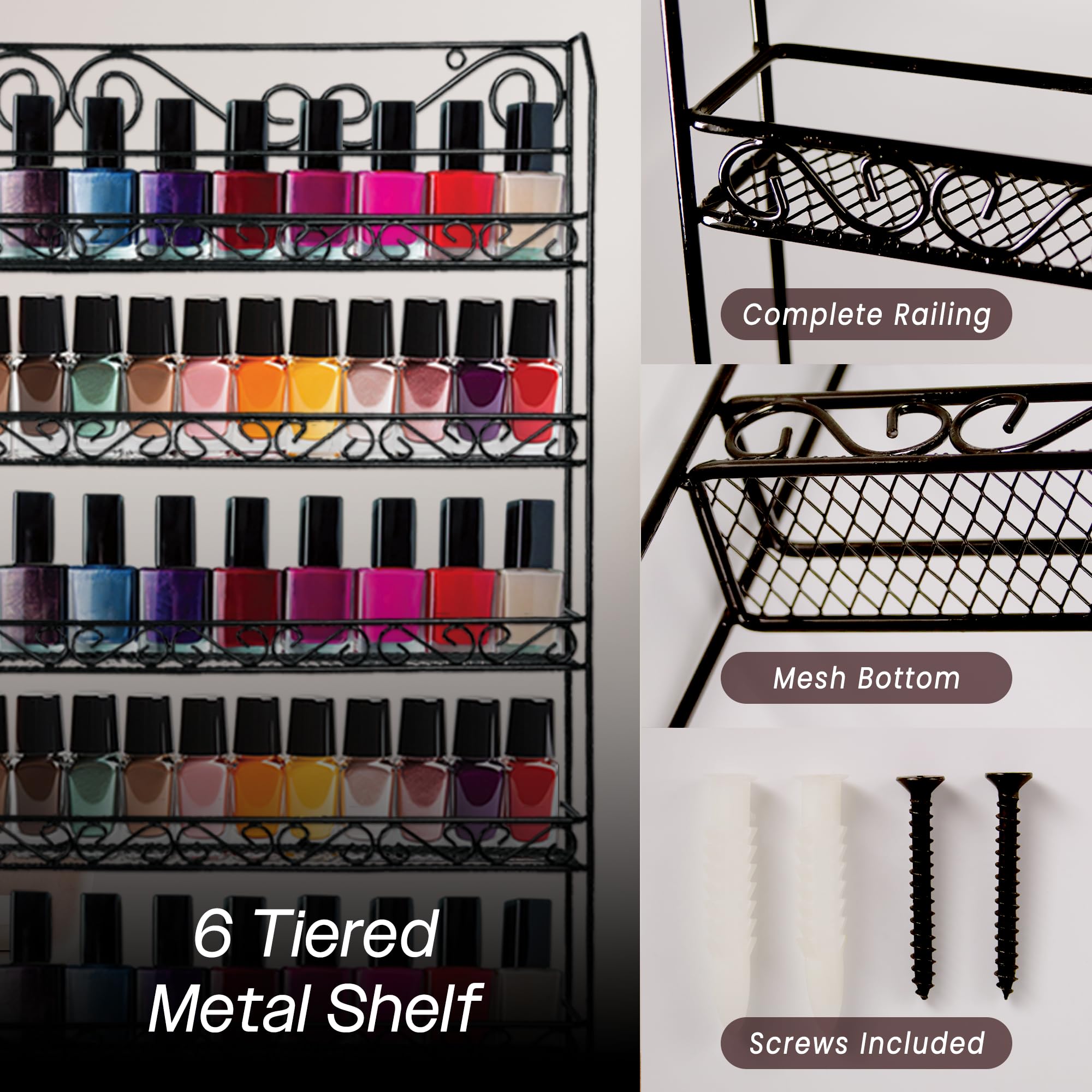 PANA 6 Tier Wall Mounted Metal Rack Shelf, Versatile Organizer for Nail Polish, Essential Oils, Kitchen Spices, and Craft Hobby