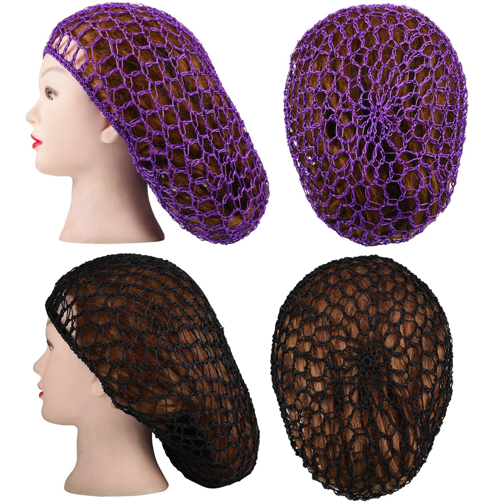 Waydress 2 Pieces Mesh Hair Net Rayon Knit Snood Women Crocheted Sleep Cap (Black, Purple)