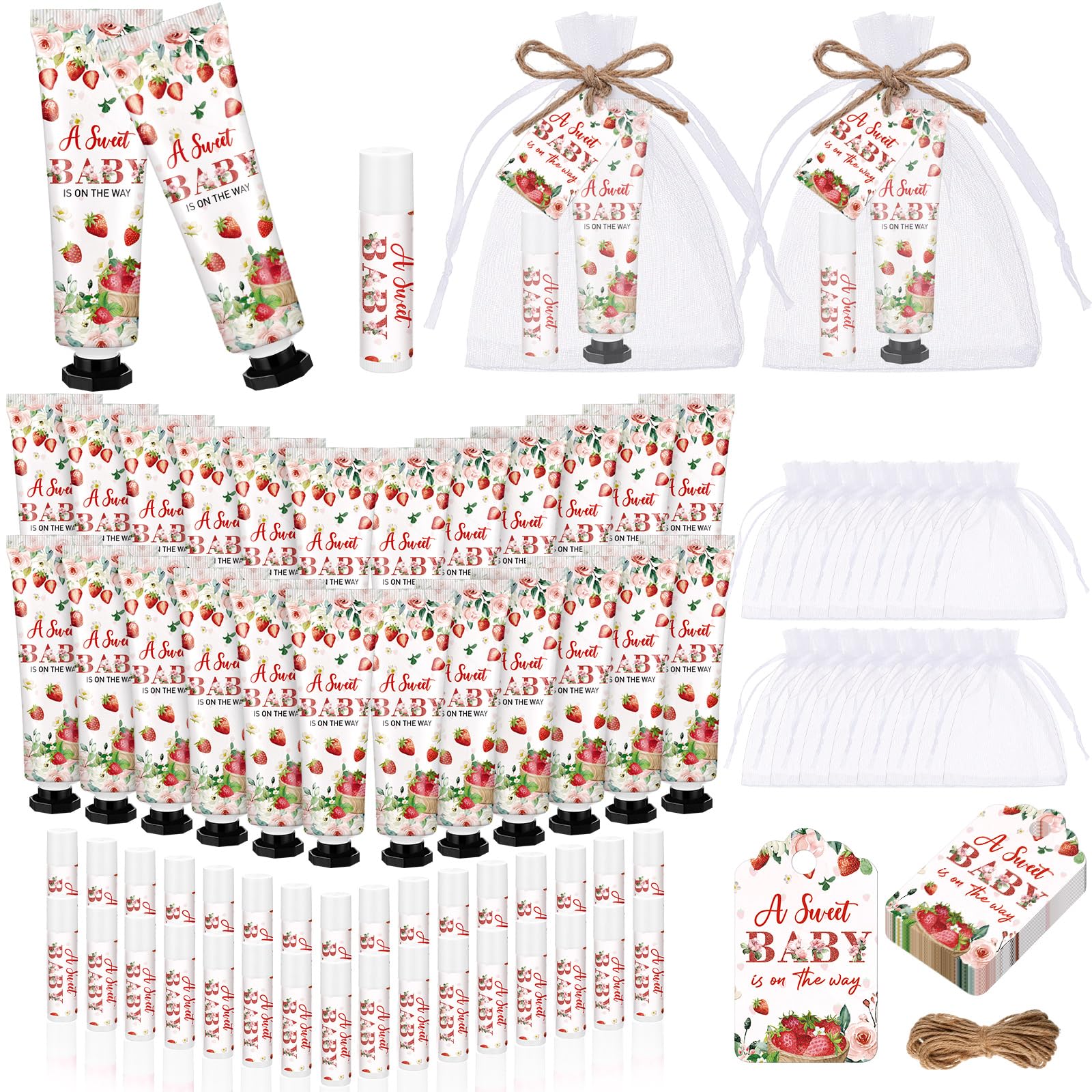 Dansib 24 Sets Strawberry Baby Shower Hand Cream and Lip Balm Gift Sets Sweet Baby Is on the Way Party Favors for Guest Travel S