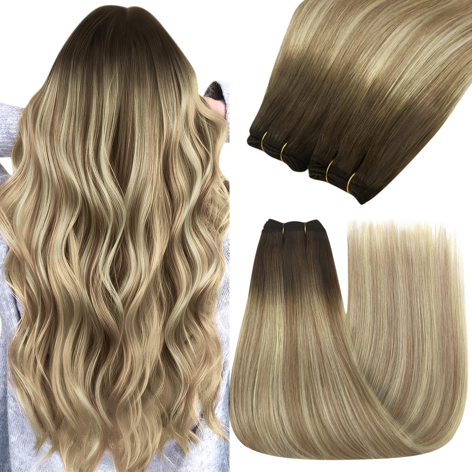YoungSee Sew in Hair Extensions Real Human Hair Ombre Human Hair Weft Extensions Walnut Brown to Light Brown with Blonde Hair Ex